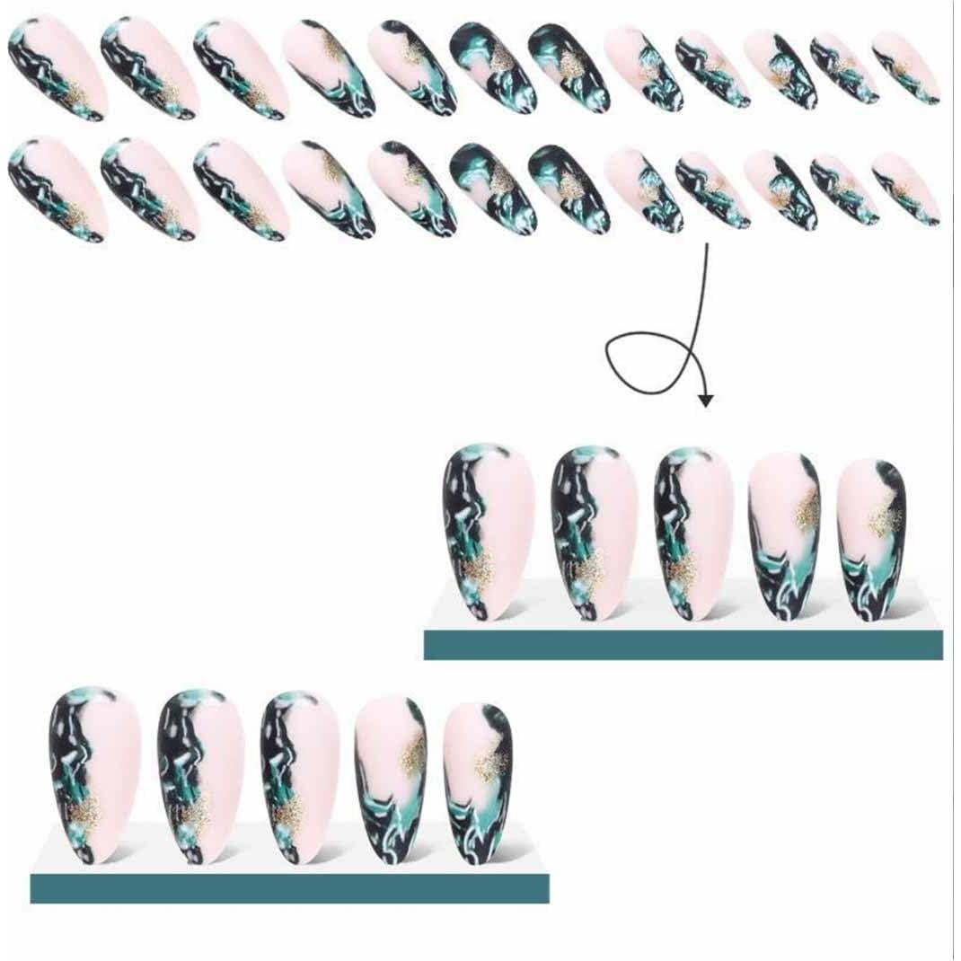 Uñas Falsas Medianas Enppode Almendra Nude y Negro 24 PCS