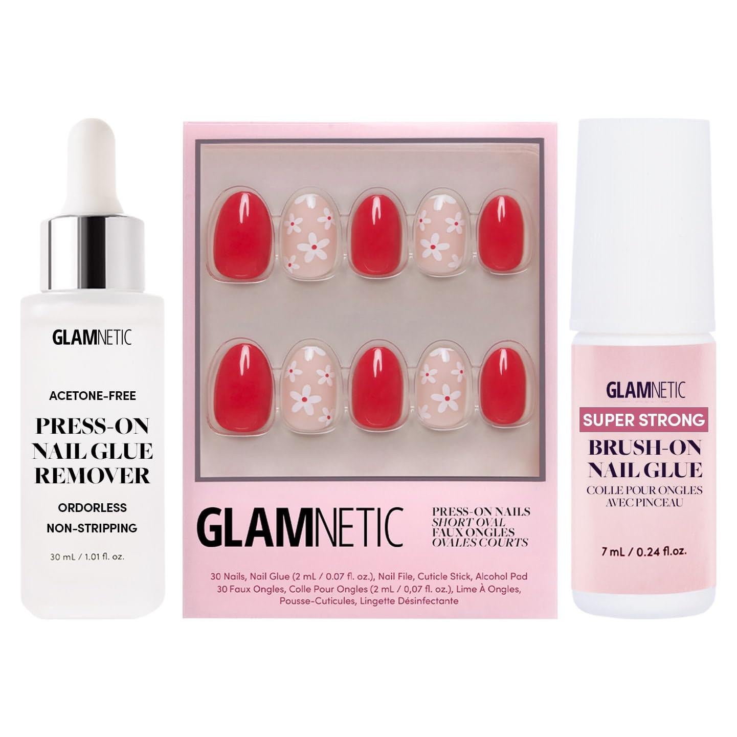 Kit Uñas Postizas Glamnetic Flor Roja - 30 Uñas Cortas con Pegamento y Removedor