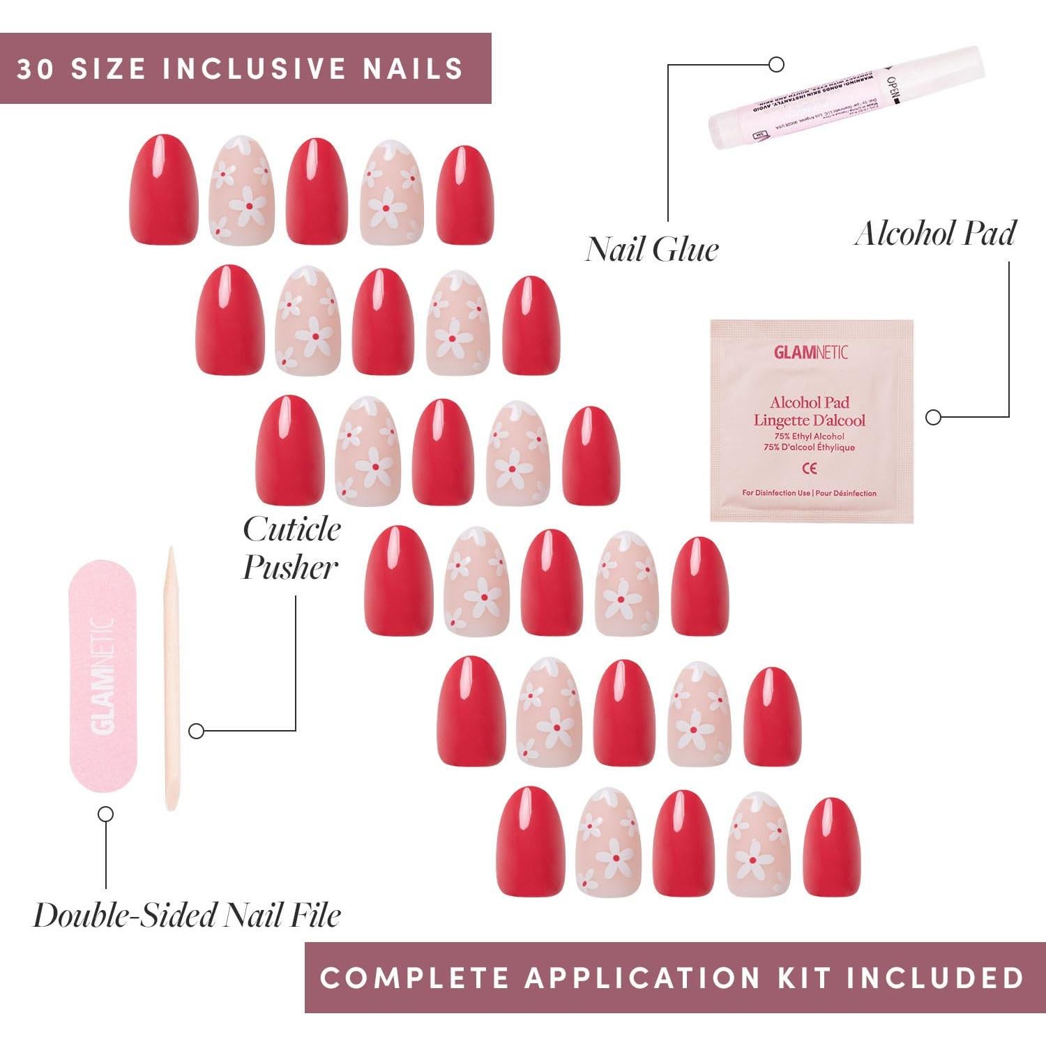 Kit Uñas Postizas Glamnetic Flor Roja - 30 Uñas Cortas con Pegamento y Removedor