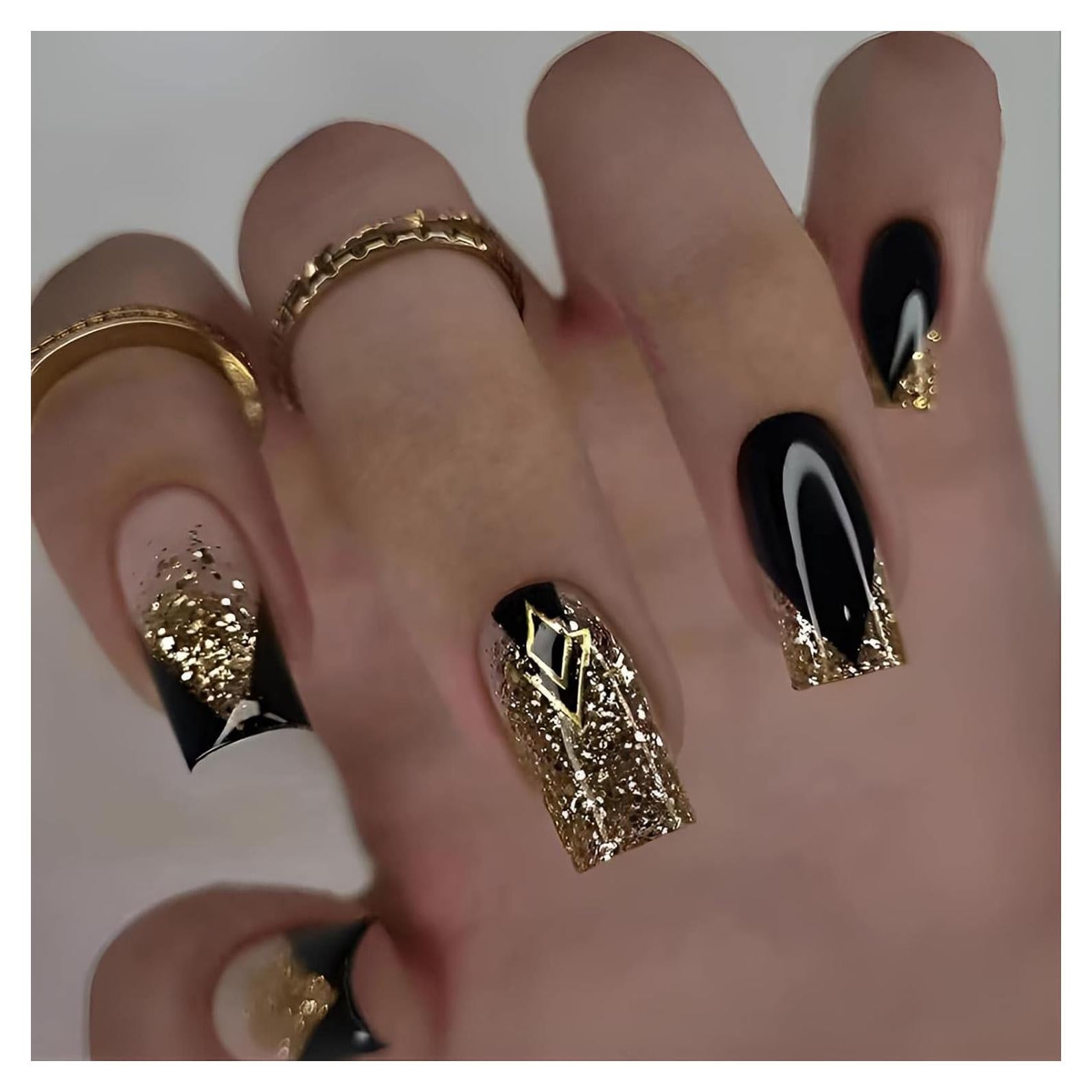 Uñas Postizas Cortas Cuadradas Negras Doradas Nail Gle - 24 Piezas