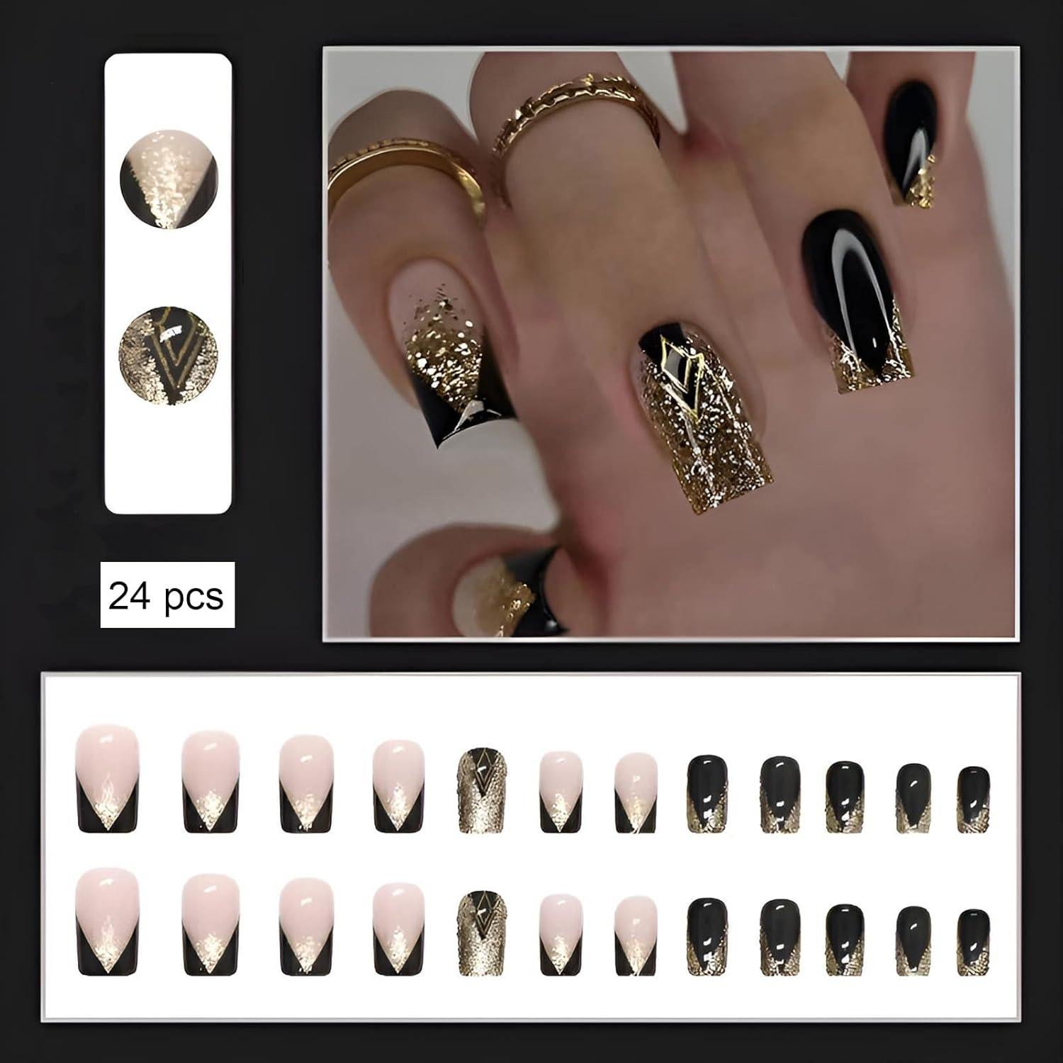 Uñas Postizas Cortas Cuadradas Negras Doradas Nail Gle - 24 Piezas