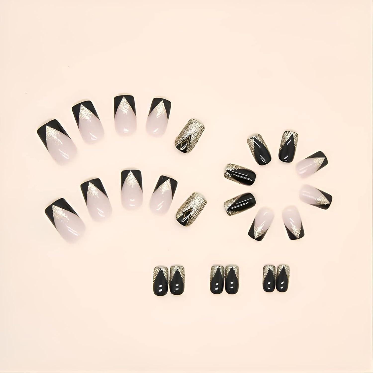 Uñas Postizas Cortas Cuadradas Negras Doradas Nail Gle - 24 Piezas