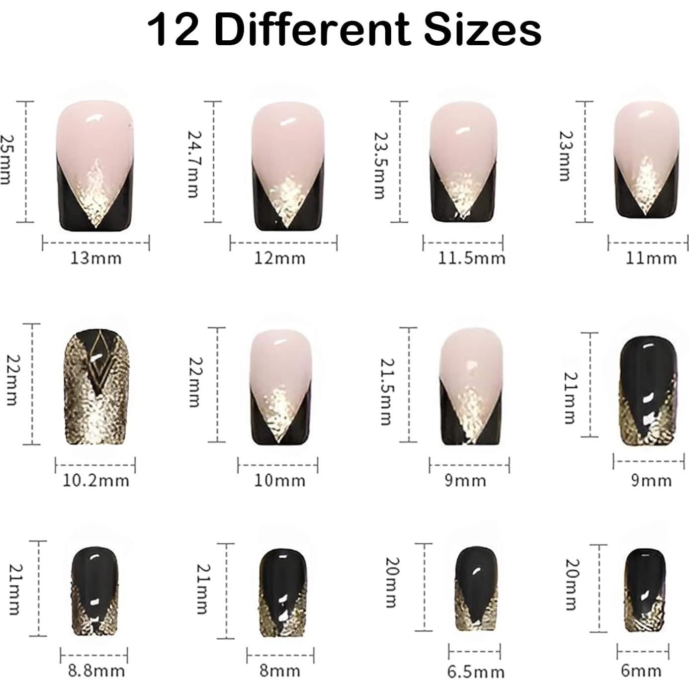Uñas Postizas Cortas Cuadradas Negras Doradas Nail Gle - 24 Piezas
