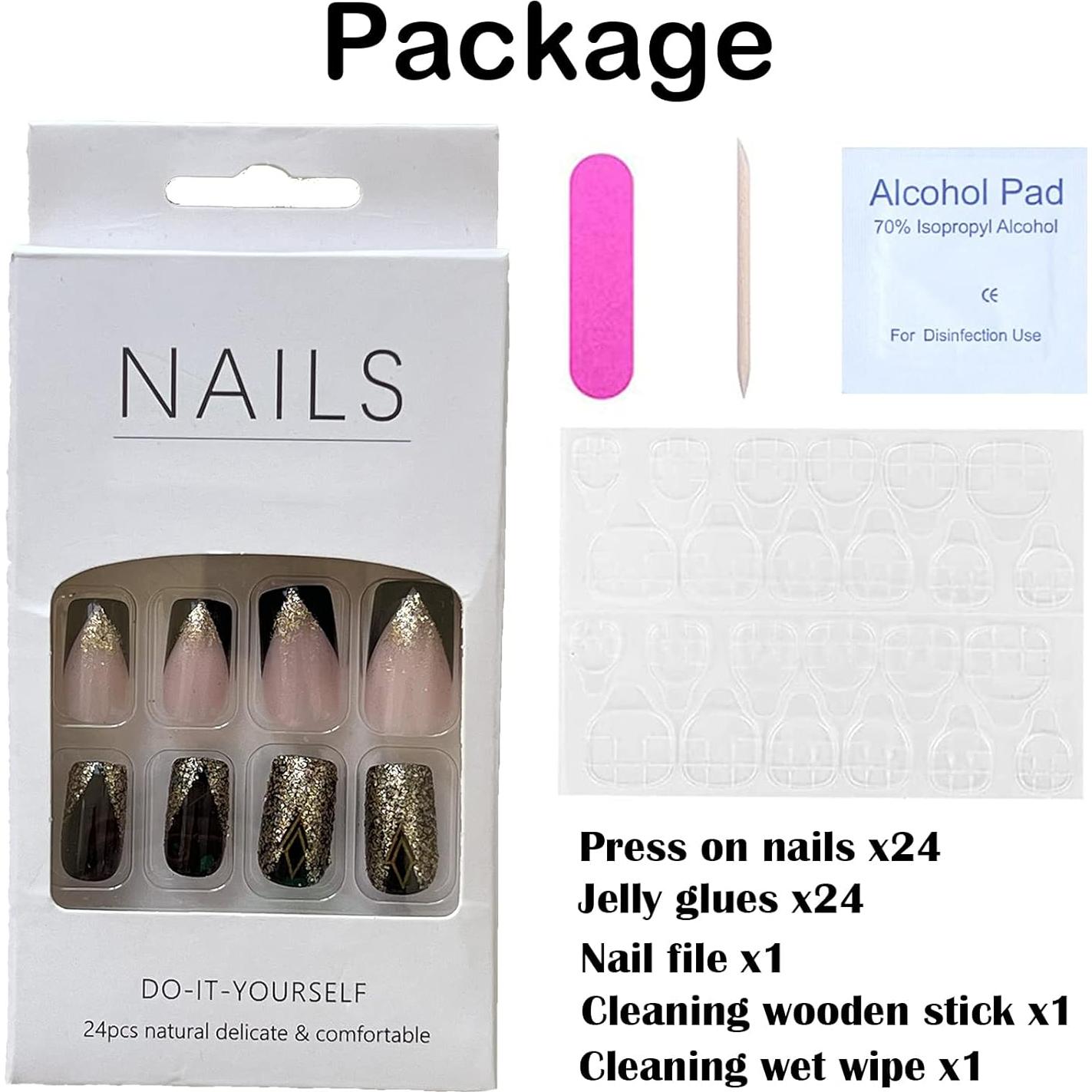 Uñas Postizas Cortas Cuadradas Negras Doradas Nail Gle - 24 Piezas