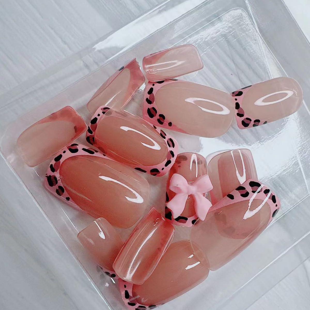 24 Uñas Postizas Francesas BSBTBZ con Lazo Rosa Brillante