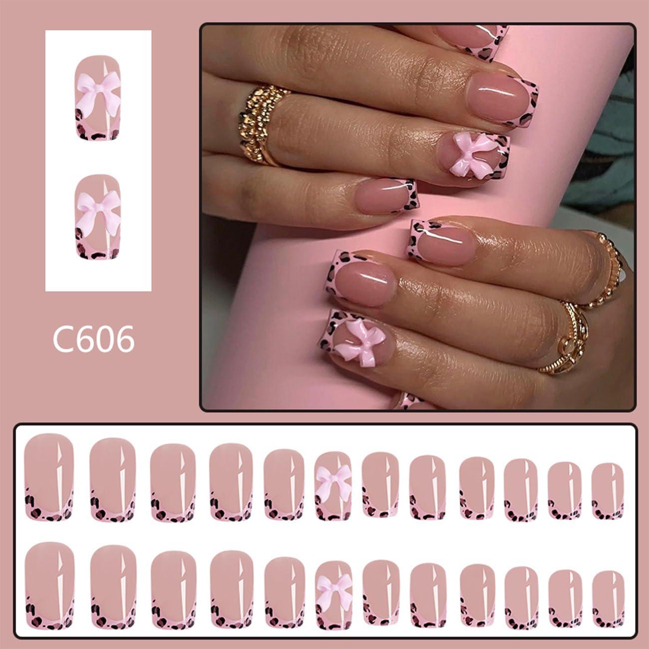 24 Uñas Postizas Francesas BSBTBZ con Lazo Rosa Brillante