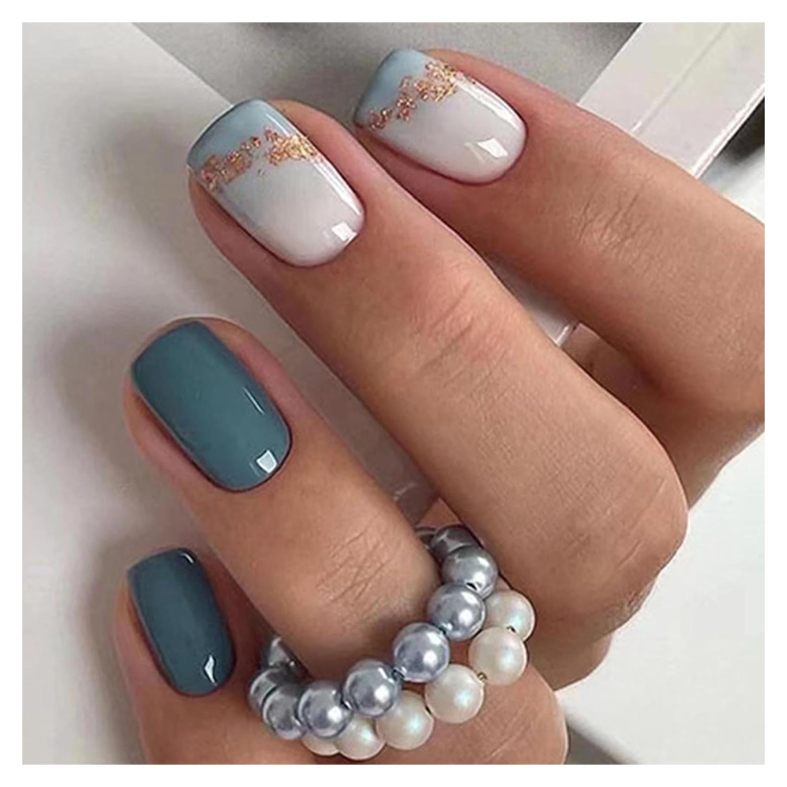 Uñas Postizas Cortas Cuadradas SRIMNUYY Azul Marino 24 Pcs