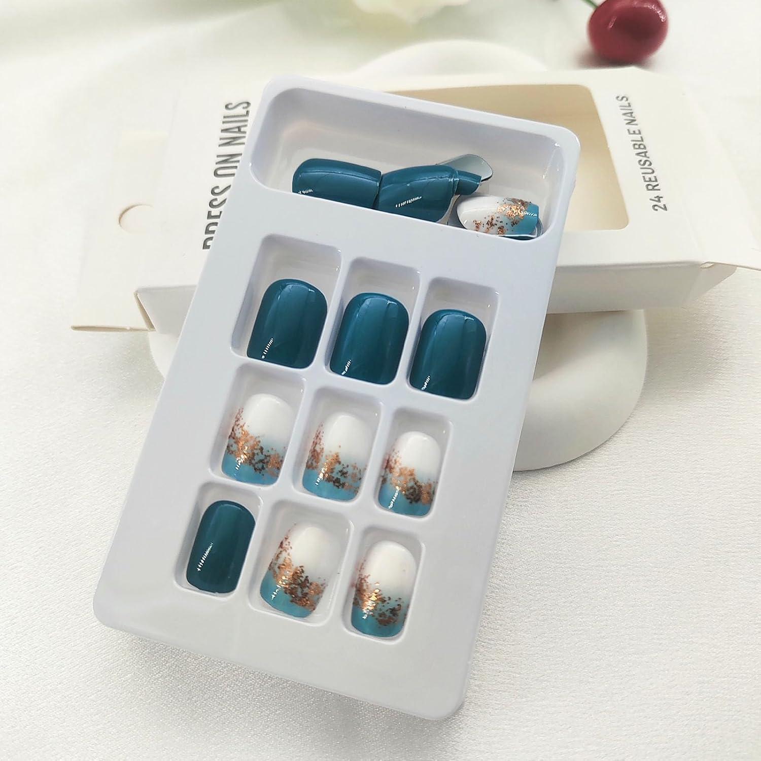 Uñas Postizas Cortas Cuadradas SRIMNUYY Azul Marino 24 Pcs