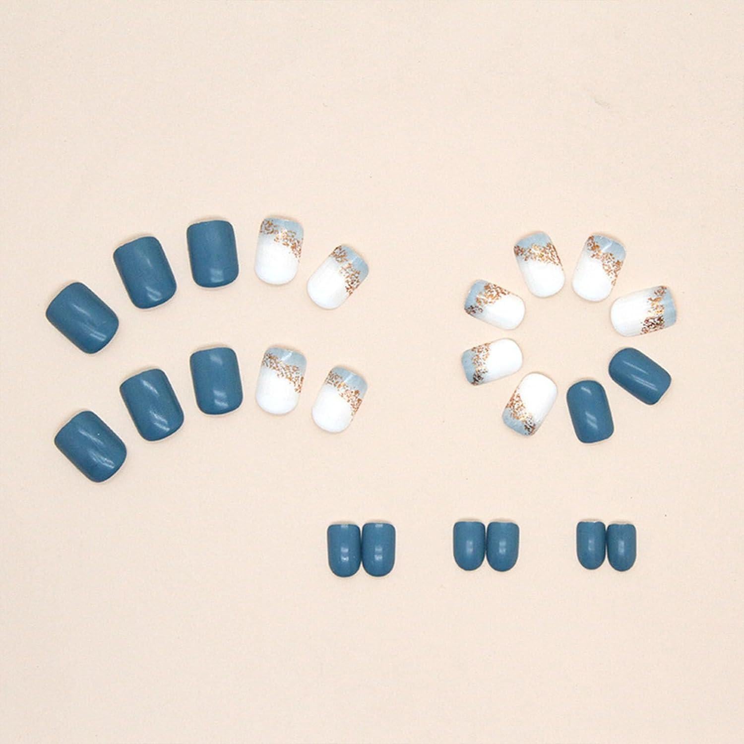 Uñas Postizas Cortas Cuadradas SRIMNUYY Azul Marino 24 Pcs
