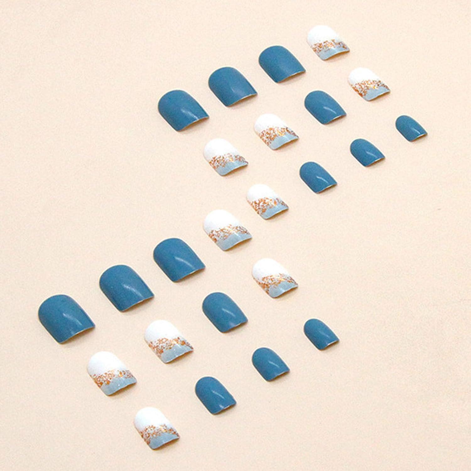Uñas Postizas Cortas Cuadradas SRIMNUYY Azul Marino 24 Pcs