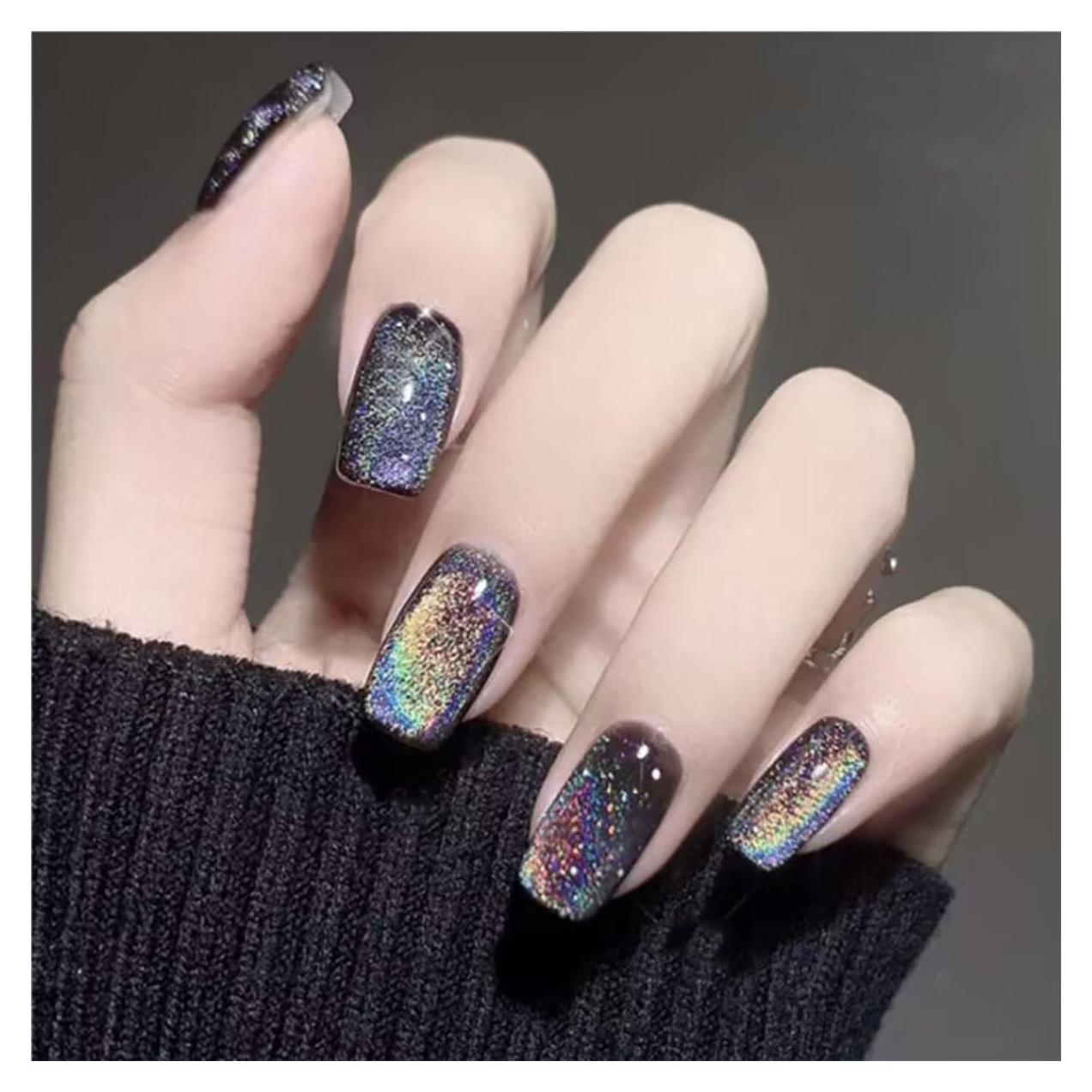 Uñas Postizas Medianas evpct Color Negro Chrome Efecto Ojo de Gato