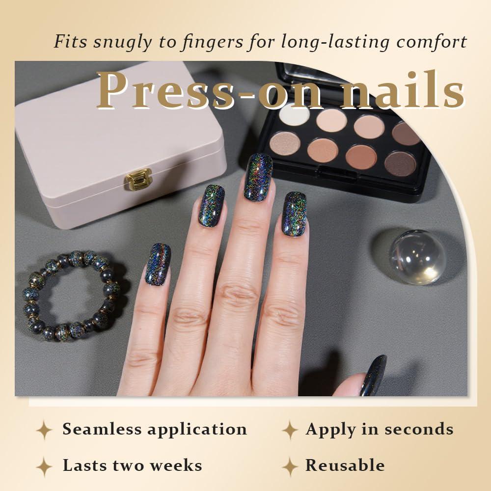 Uñas Postizas Medianas evpct Color Negro Chrome Efecto Ojo de Gato