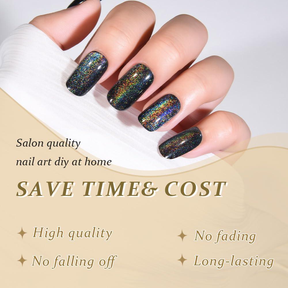 Uñas Postizas Medianas evpct Color Negro Chrome Efecto Ojo de Gato