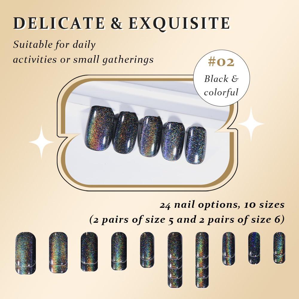 Uñas Postizas Medianas evpct Color Negro Chrome Efecto Ojo de Gato