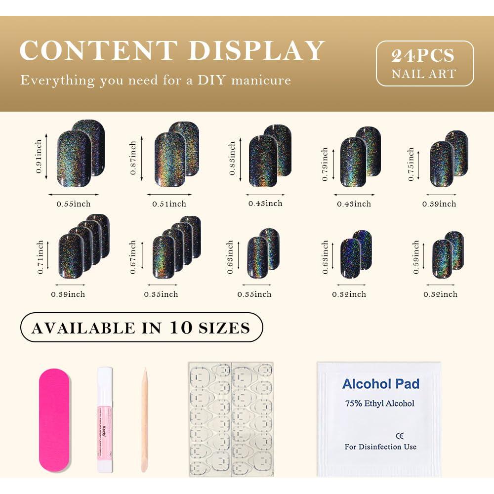 Uñas Postizas Medianas evpct Color Negro Chrome Efecto Ojo de Gato