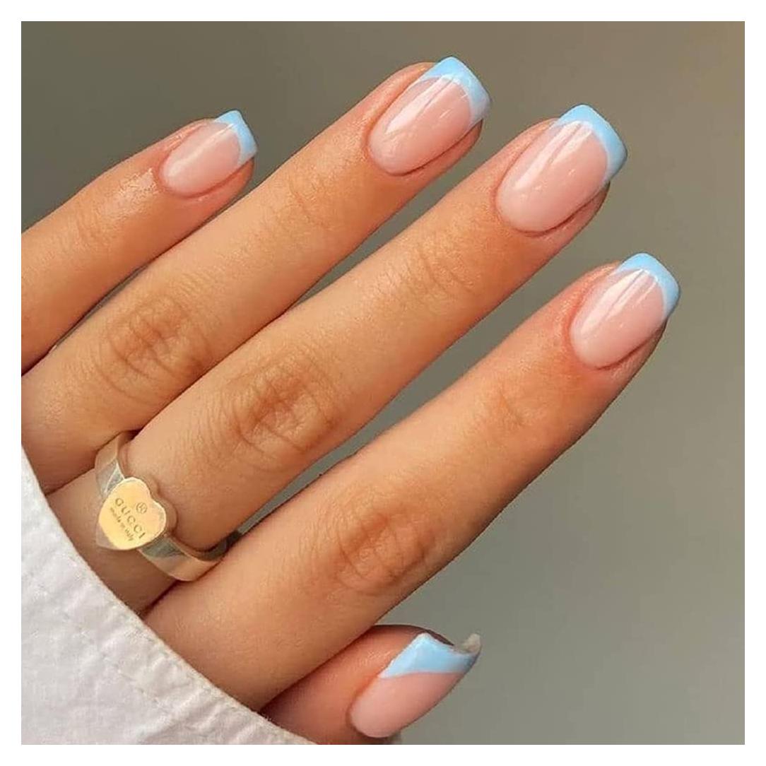 Uñas Postizas Ovaladas RikView Punta Francesa Azul 24 Piezas