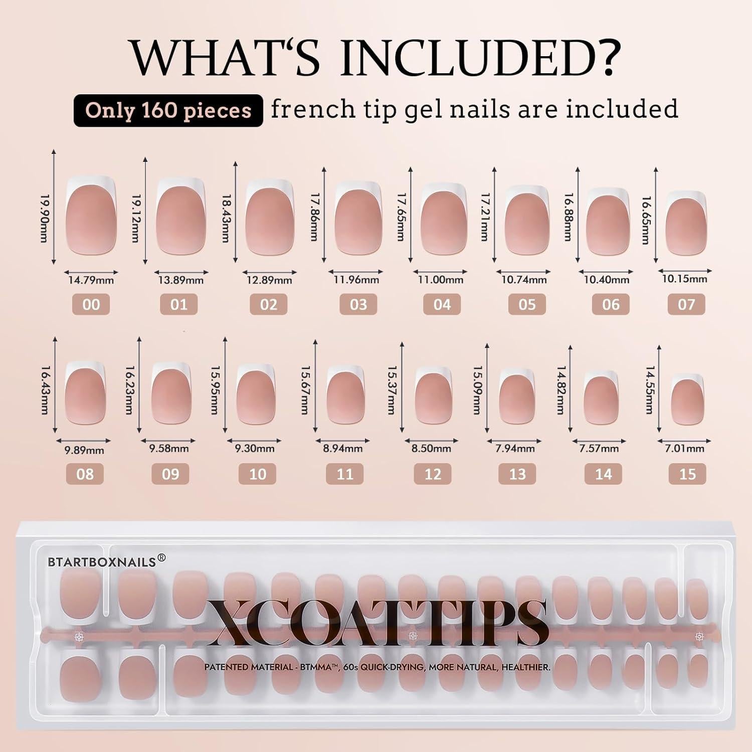 Uñas de Gel de Punta Francesa BTArtboxnails 160pcs Cortas