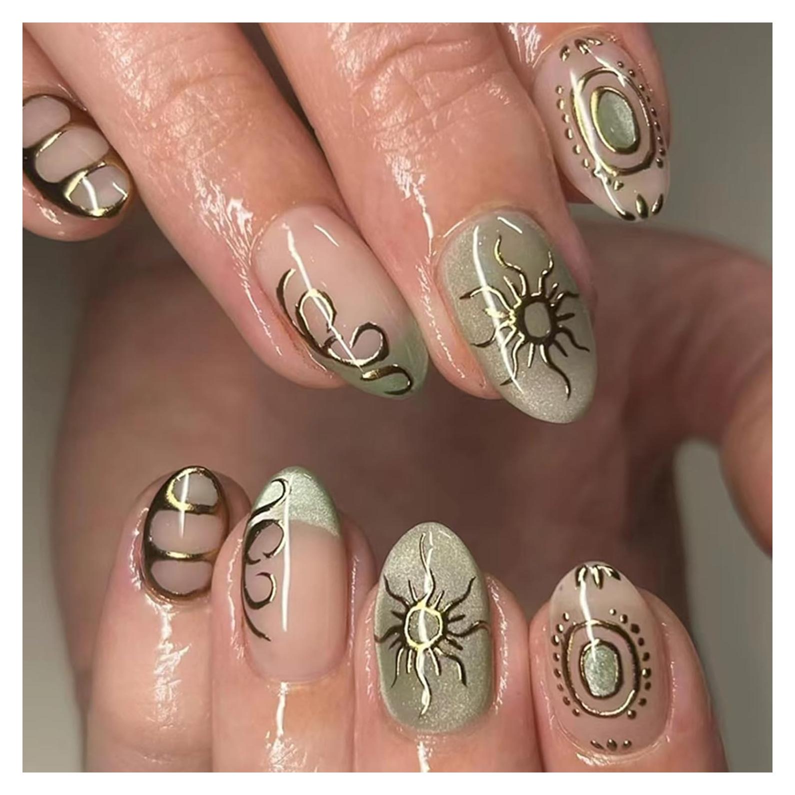 Uñas Postizas Cortas Almendras UEYRSEDB con Glitter Verde 24 Pcs