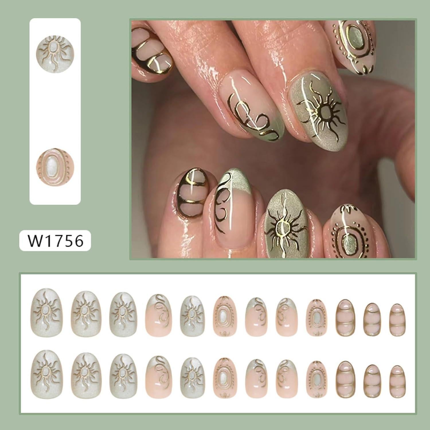 Uñas Postizas Cortas Almendras UEYRSEDB con Glitter Verde 24 Pcs