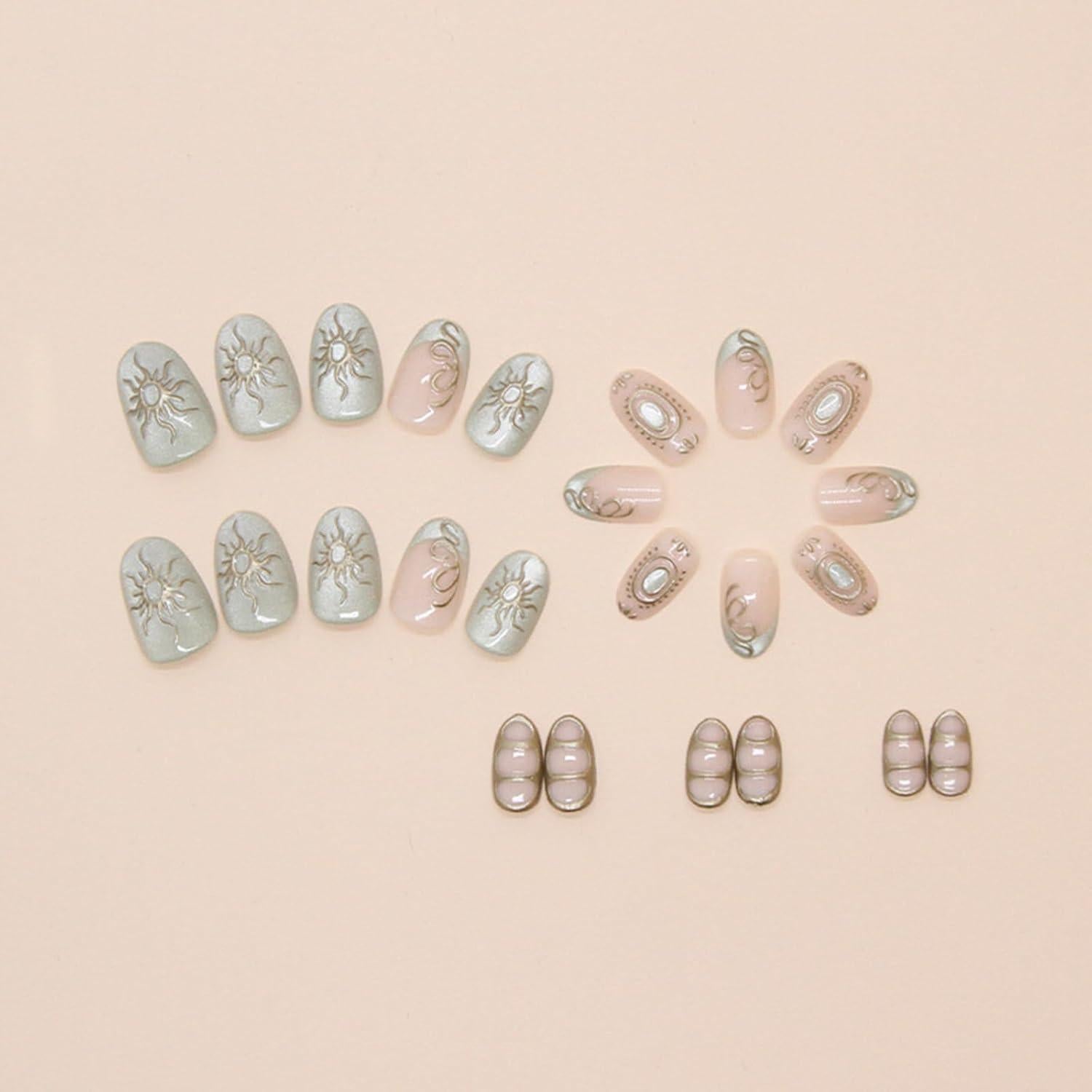 Uñas Postizas Cortas Almendras UEYRSEDB con Glitter Verde 24 Pcs