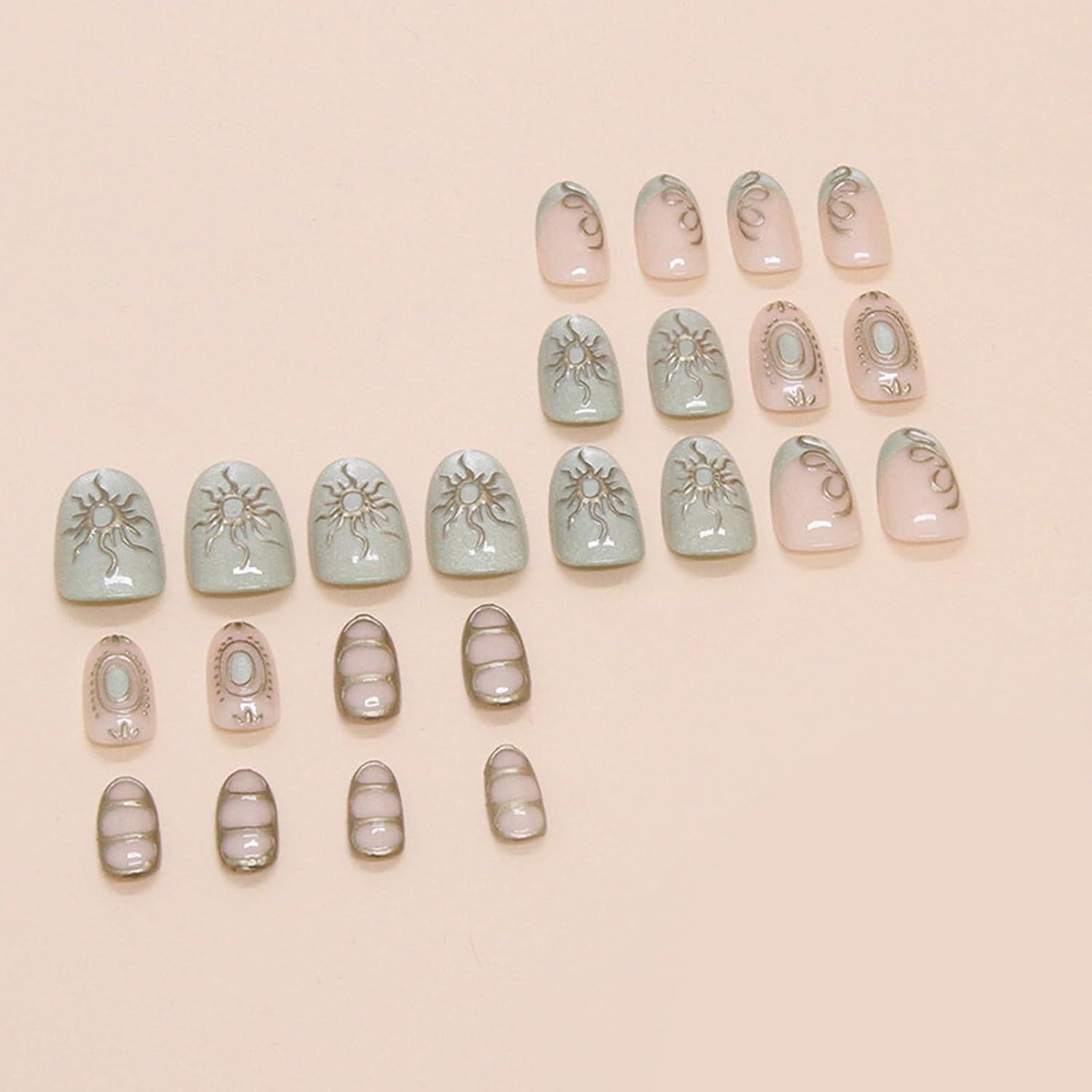 Uñas Postizas Cortas Almendras UEYRSEDB con Glitter Verde 24 Pcs