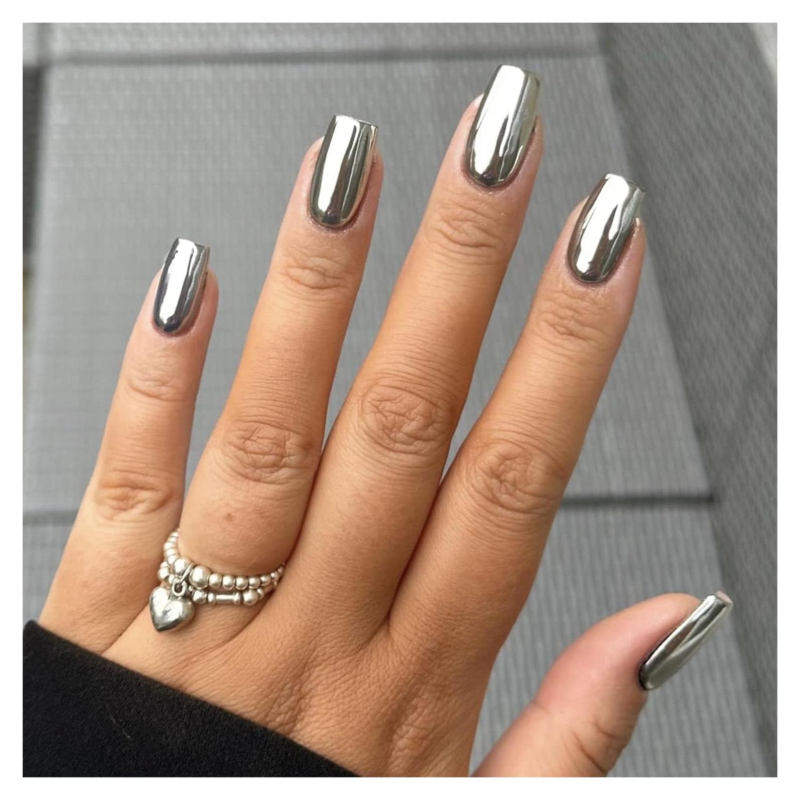 Uñas Postizas Plateadas Medianas Cuadradas FJSMTOPL