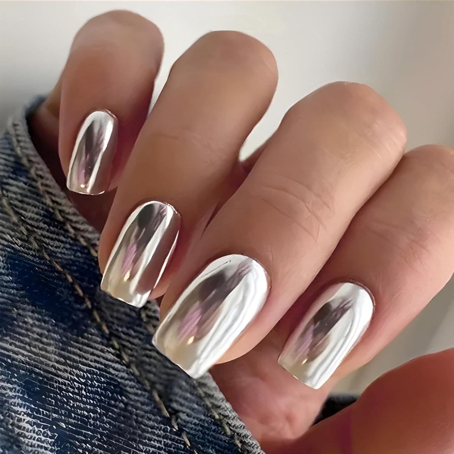 Uñas Postizas Plateadas Medianas Cuadradas FJSMTOPL