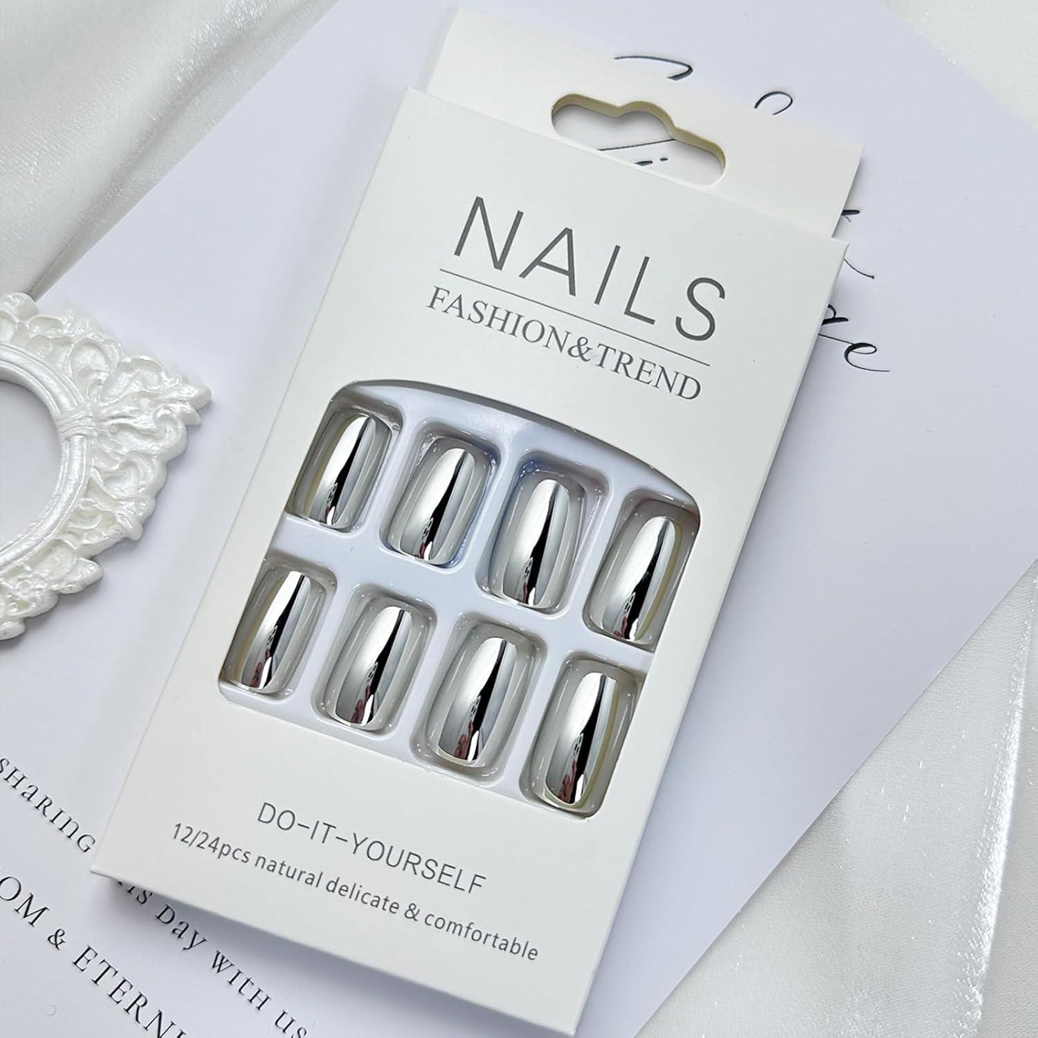 Uñas Postizas Plateadas Medianas Cuadradas FJSMTOPL