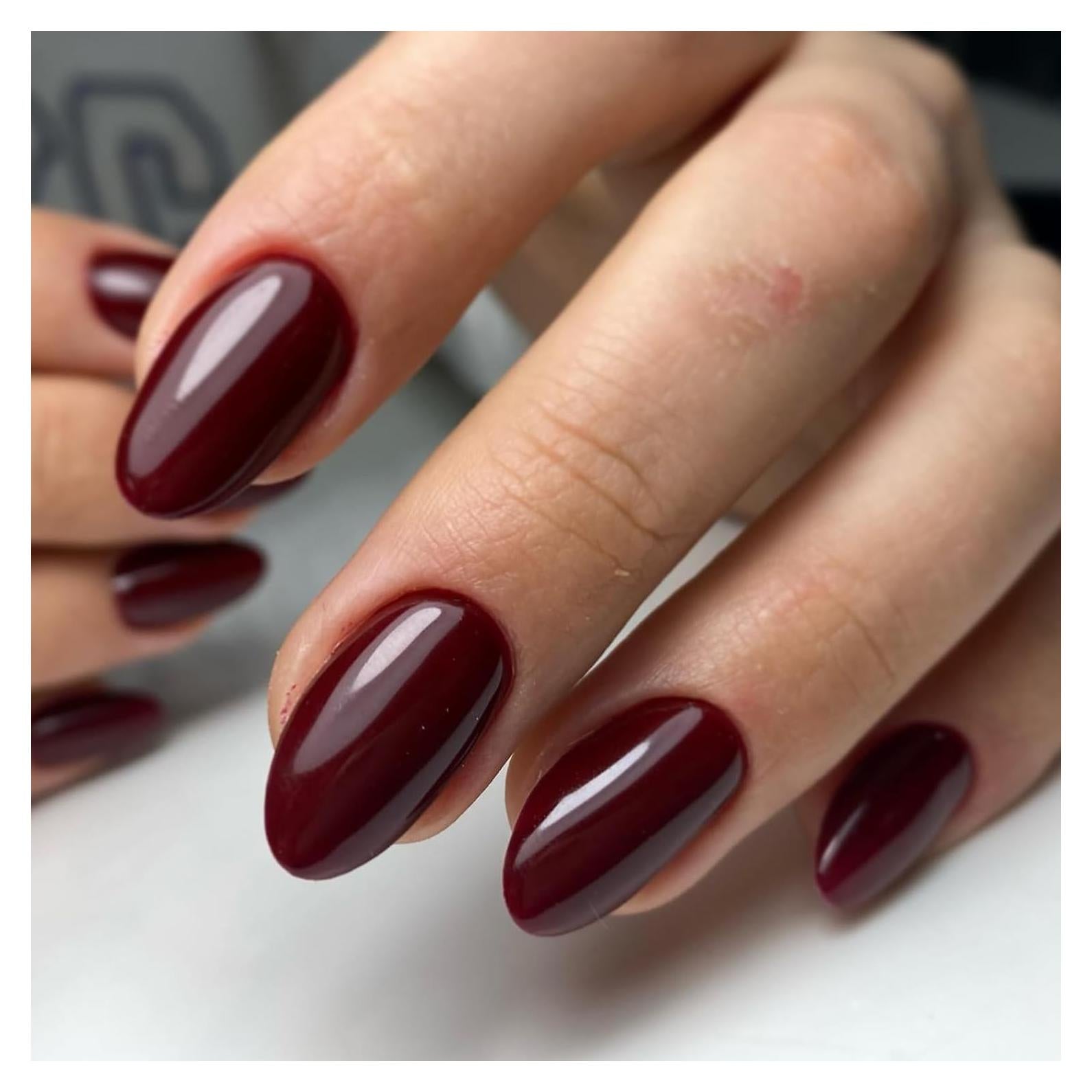 Uñas Postizas Cortas Ovaladas GLAMERMAID Gel Jalea Burdeos 24 Pzas