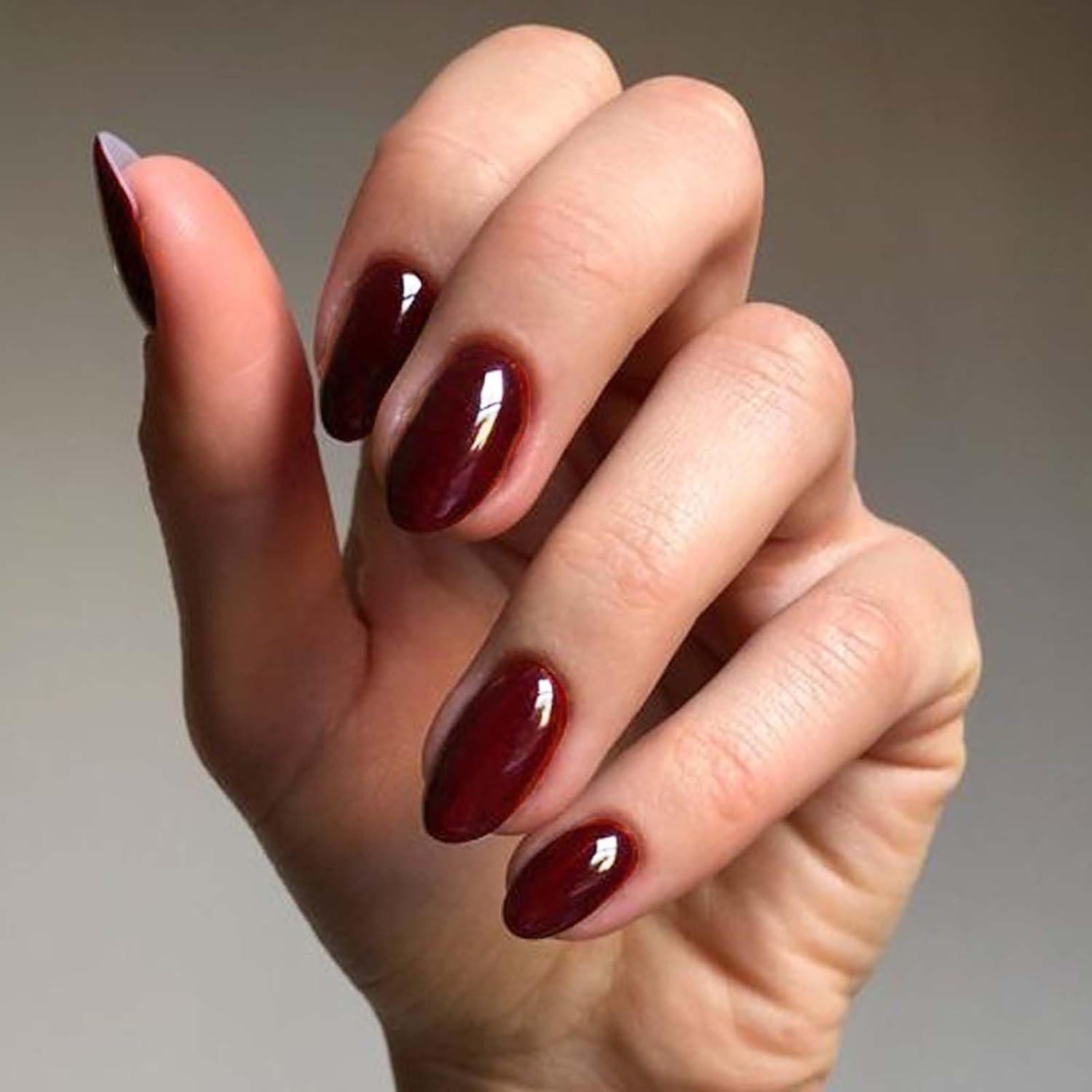 Uñas Postizas Cortas Ovaladas GLAMERMAID Gel Jalea Burdeos 24 Pzas