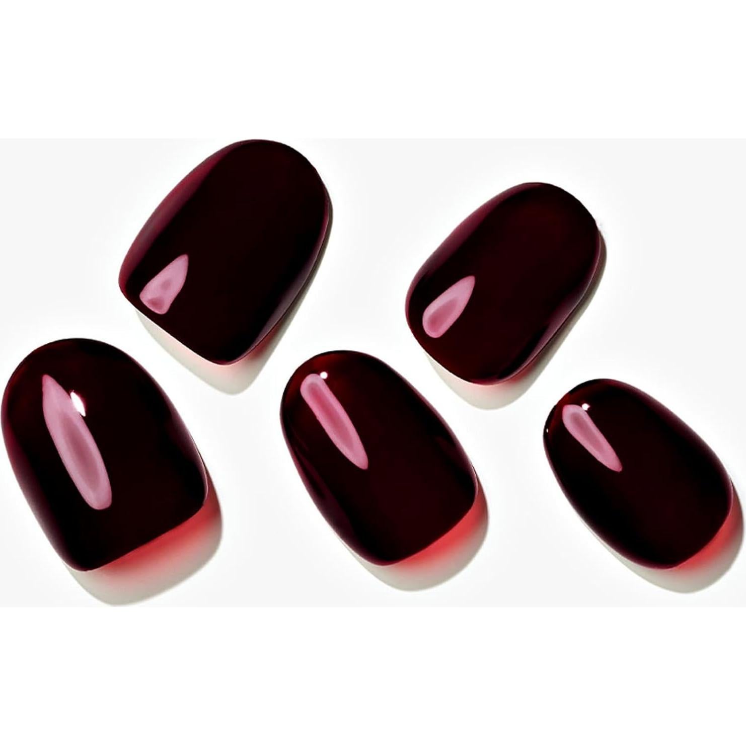 Uñas Postizas Cortas Ovaladas GLAMERMAID Gel Jalea Burdeos 24 Pzas