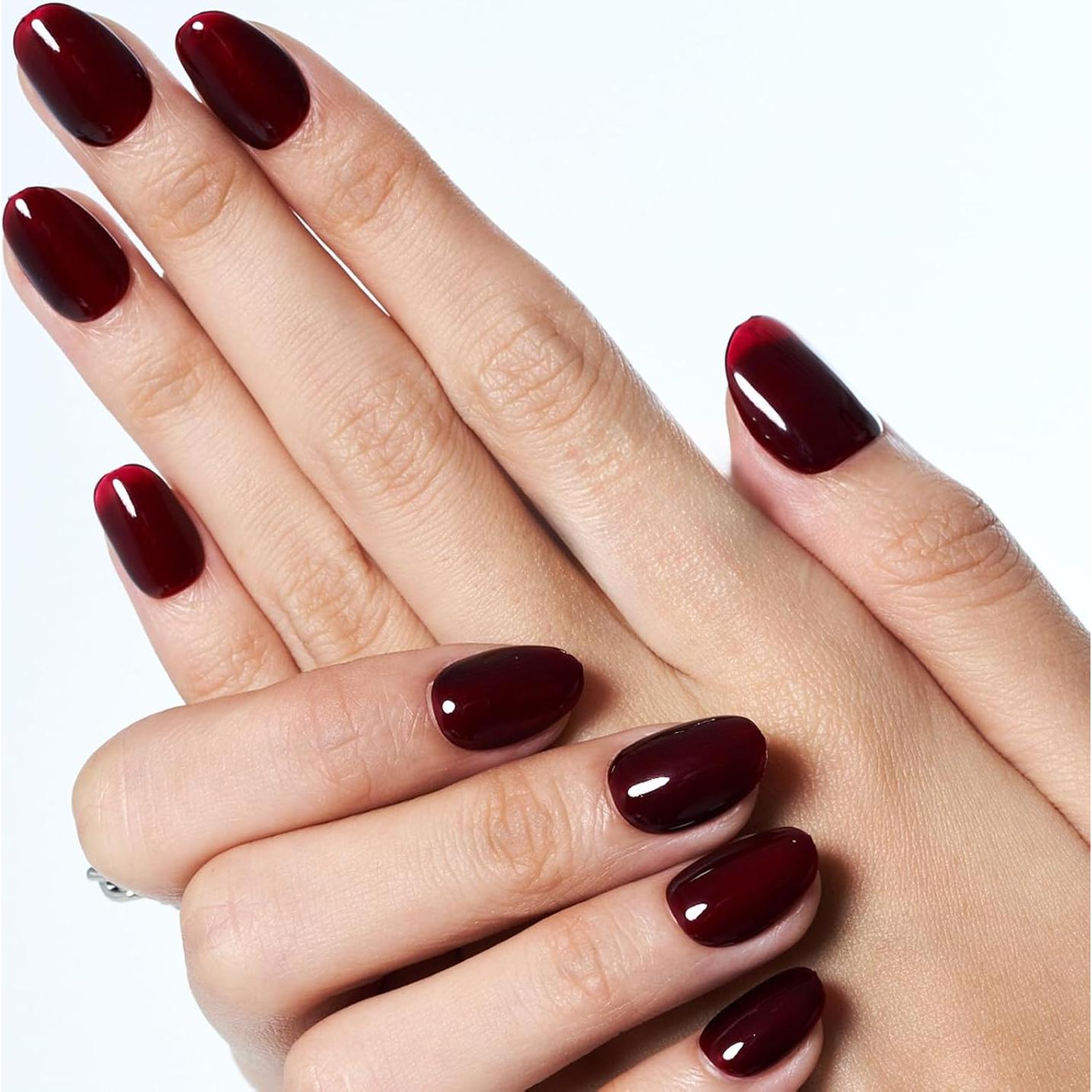 Uñas Postizas Cortas Ovaladas GLAMERMAID Gel Jalea Burdeos 24 Pzas