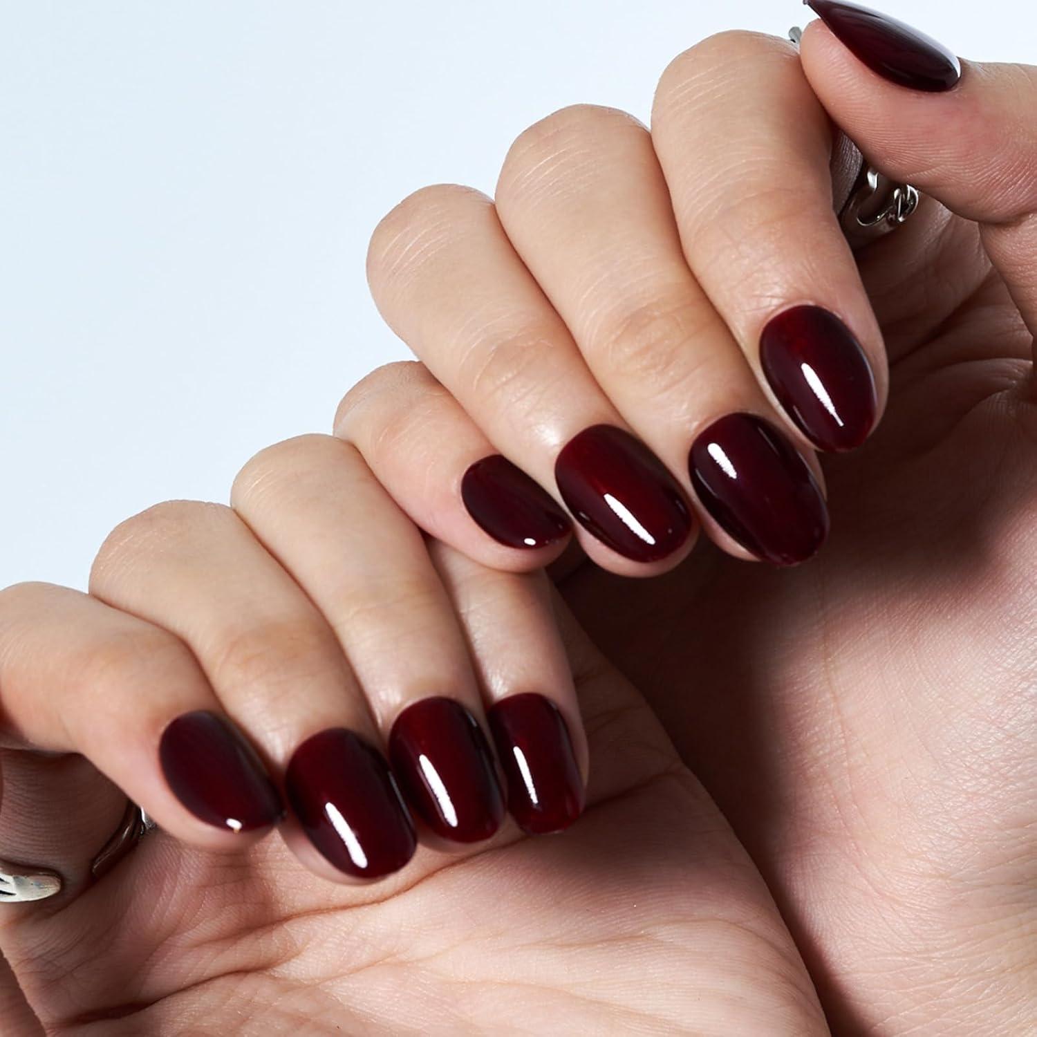 Uñas Postizas Cortas Ovaladas GLAMERMAID Gel Jalea Burdeos 24 Pzas