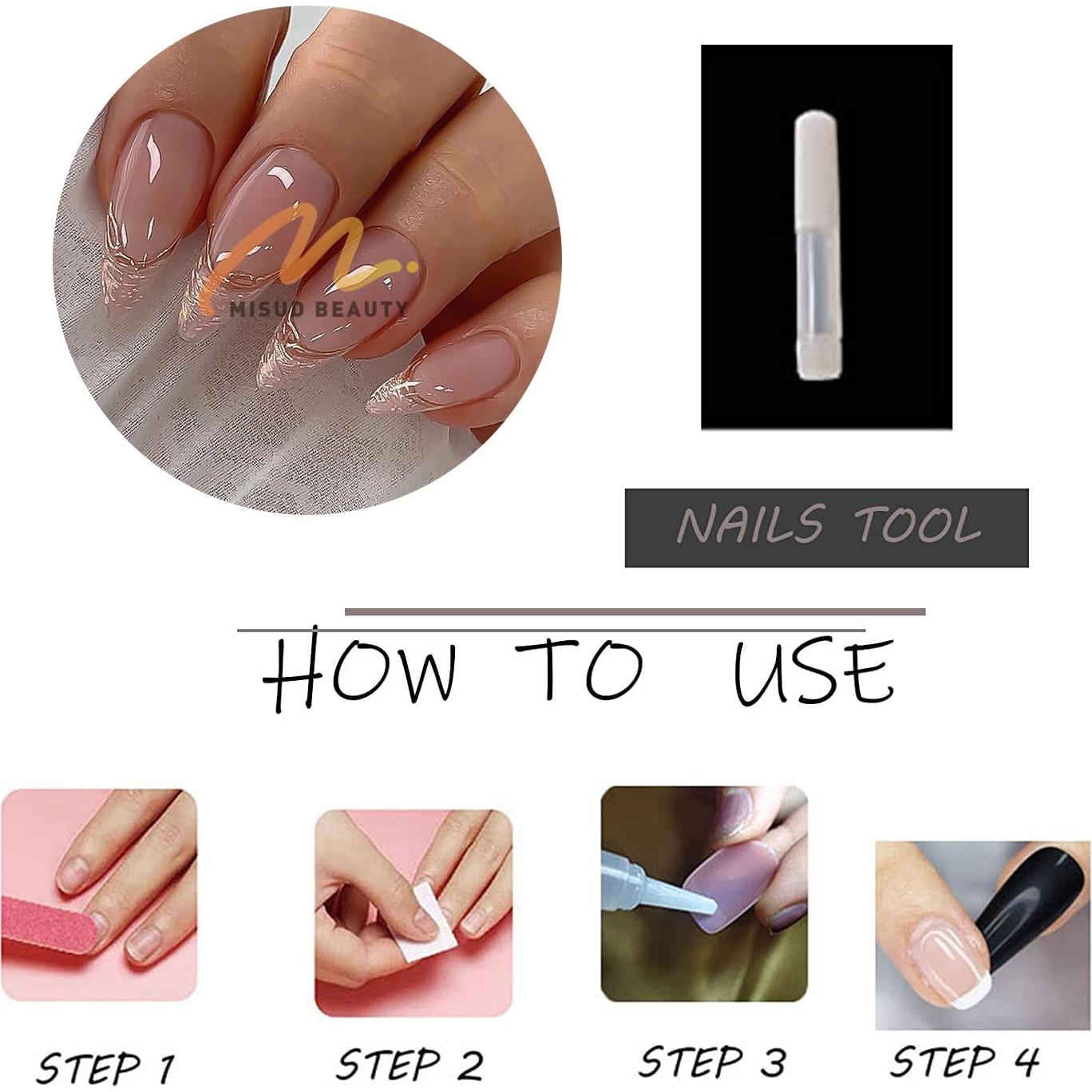 Uñas Postizas Estileto MISUD 24 pcs con Pegamento Punta Francesa