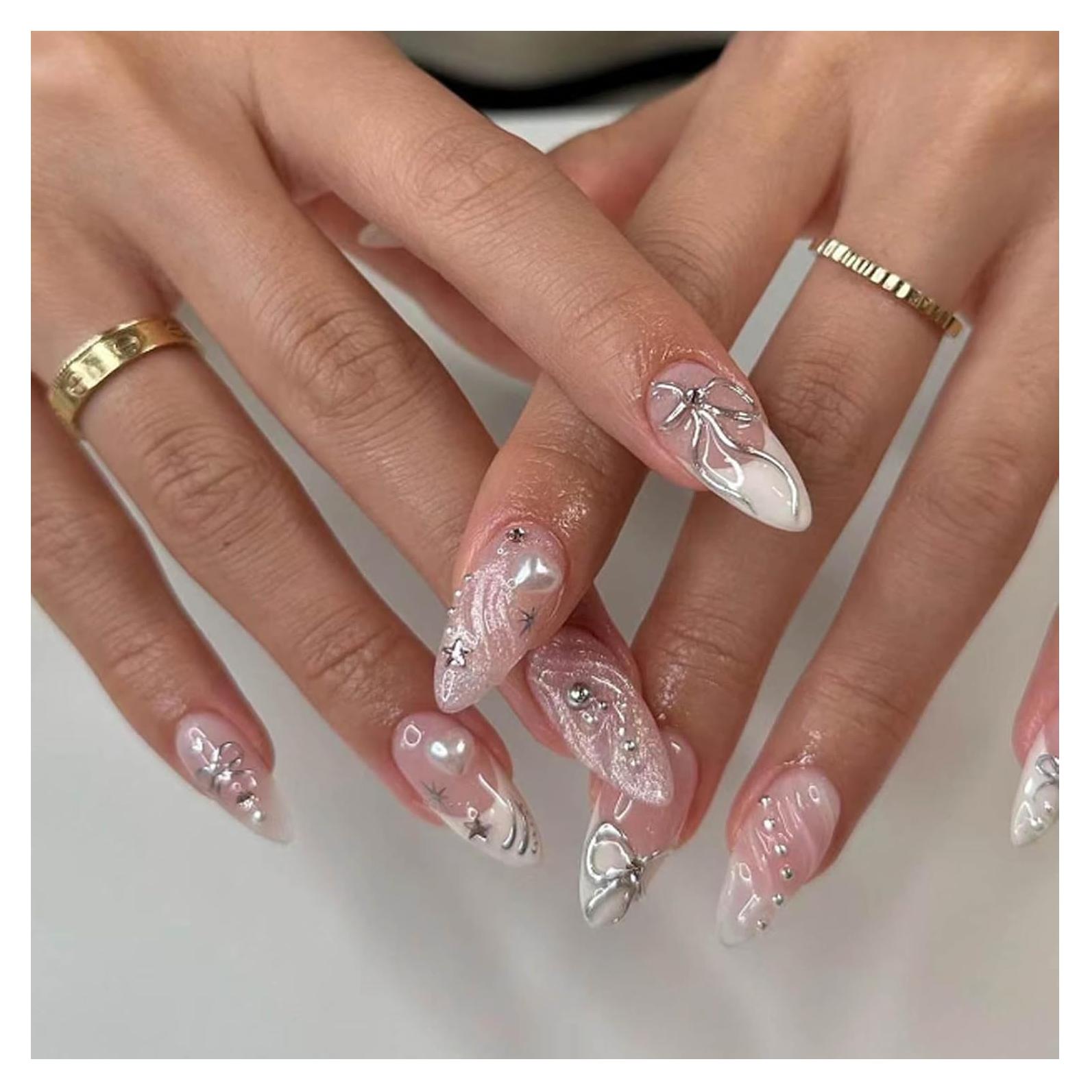 Uñas Postizas Hkanlre Almendra Francesas 24PCS - Medianas