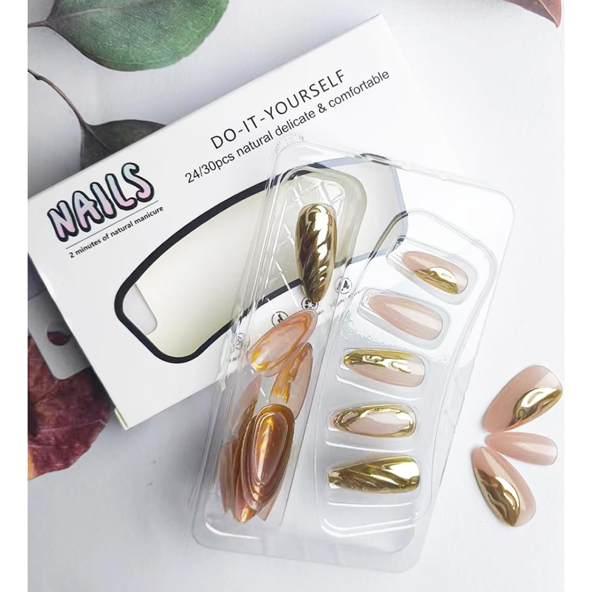 Uñas Postizas Cortas Almendra Doradas NEWSPIED 24 Pcs