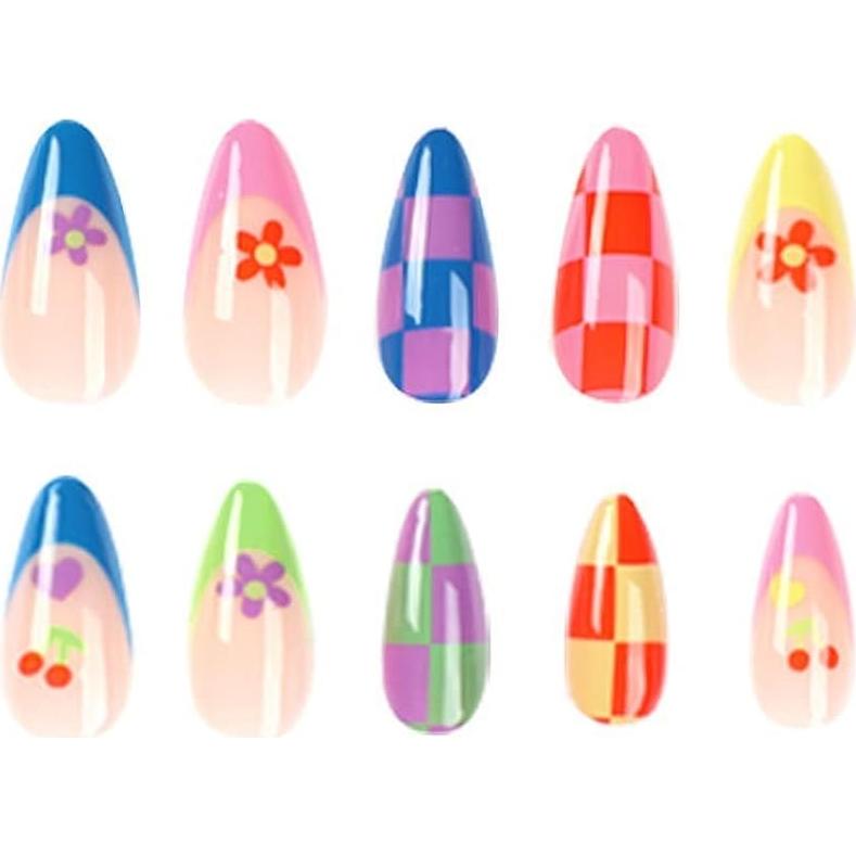 Uñas Postizas Almendra MISUD 24 pcs con Pegamento Diseño Floral