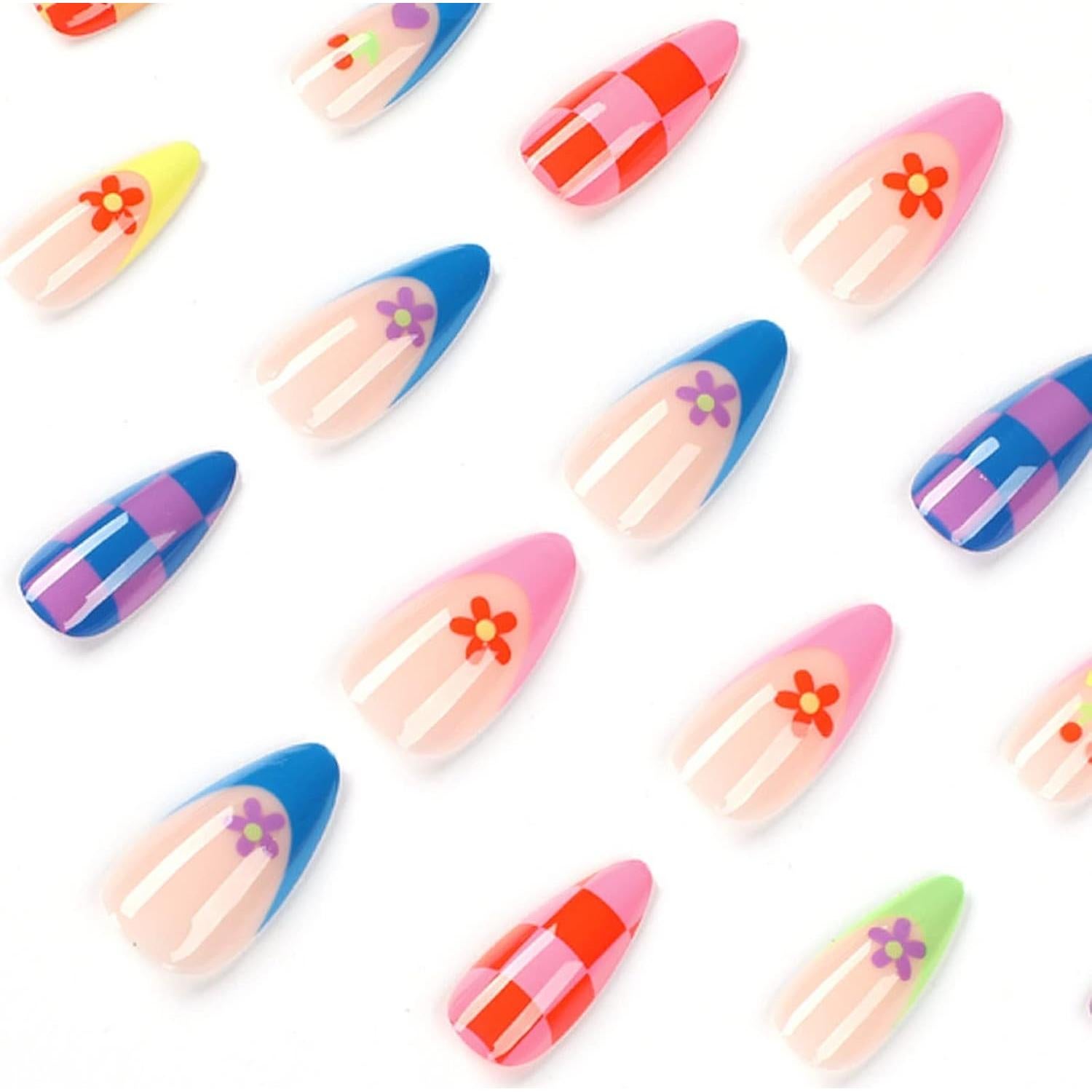 Uñas Postizas Almendra MISUD 24 pcs con Pegamento Diseño Floral