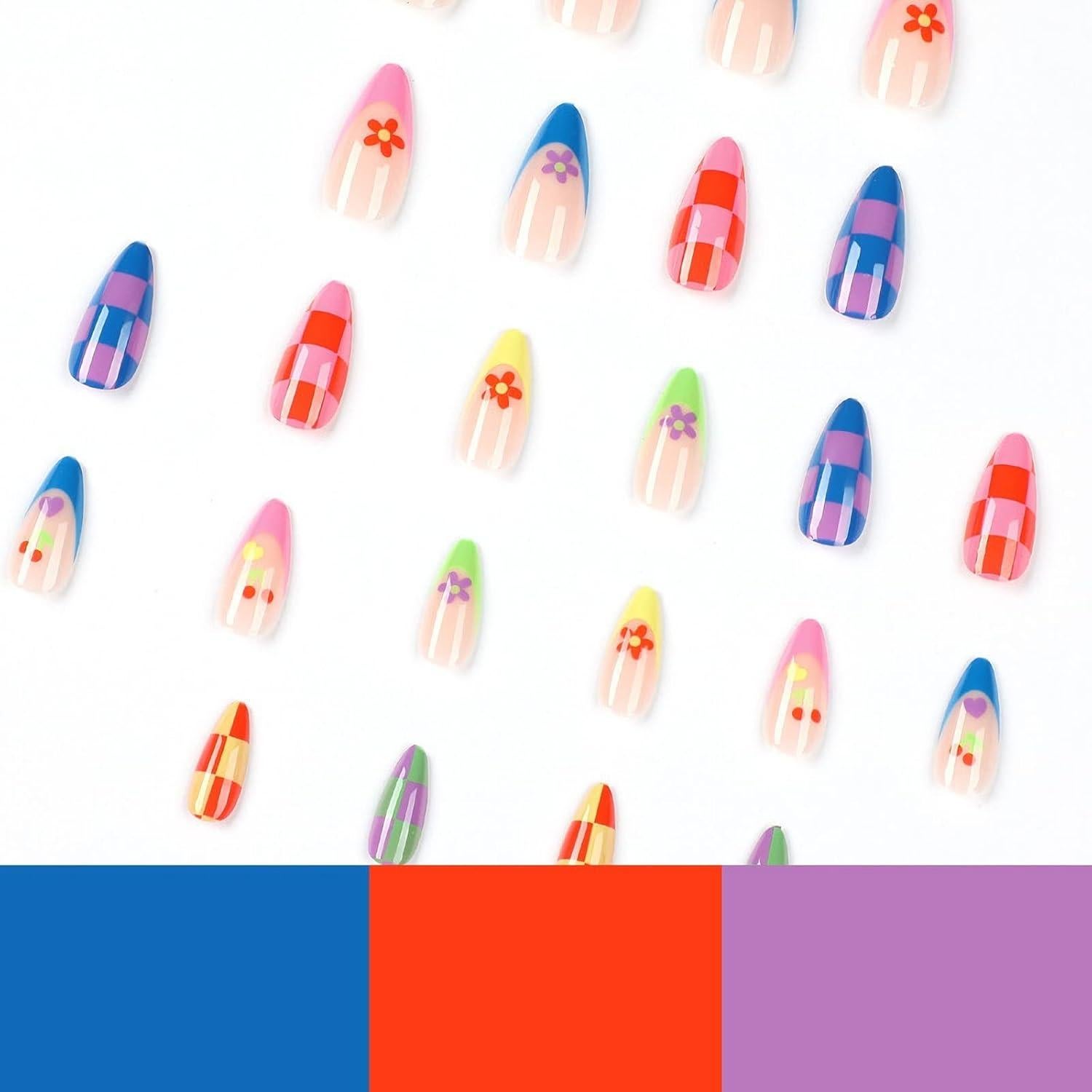 Uñas Postizas Almendra MISUD 24 pcs con Pegamento Diseño Floral