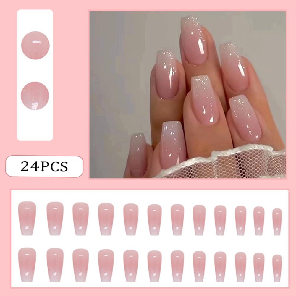 Uñas Postizas Coffin RUPOFUZA Ombre Rosa y Blanco 30Pcs
