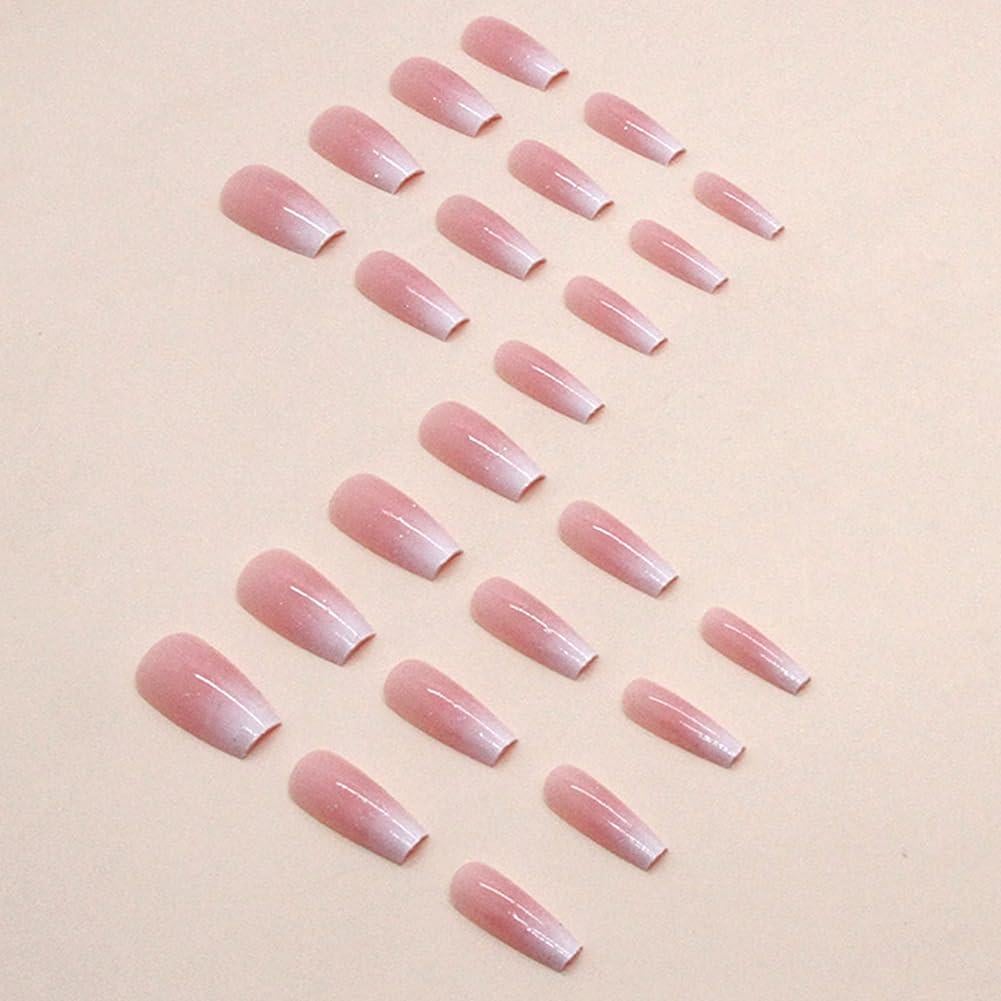 Uñas Postizas Coffin RUPOFUZA Ombre Rosa y Blanco 30Pcs