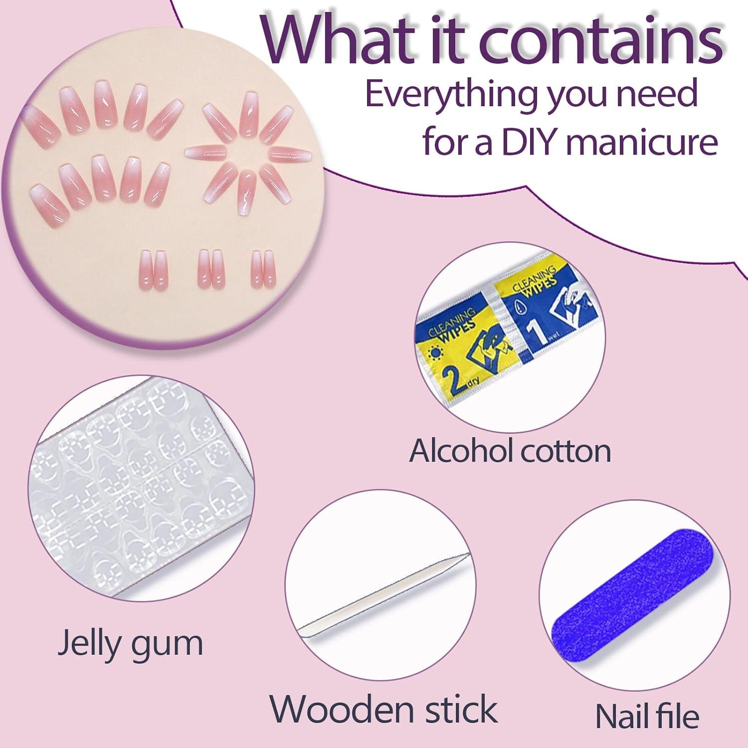 Uñas Postizas Coffin RUPOFUZA Ombre Rosa y Blanco 30Pcs