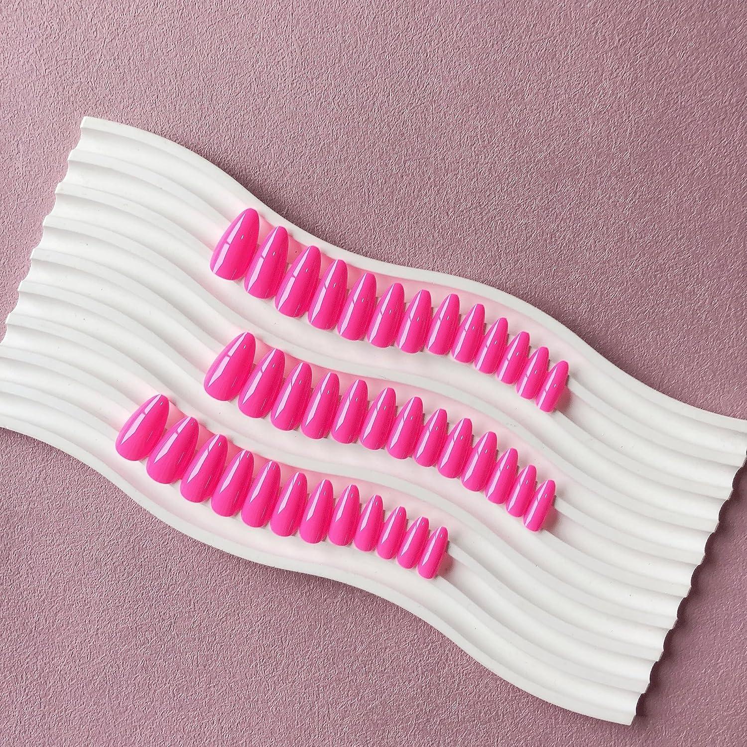 Uñas Postizas Almendra Rosa Caliente KXAMELIE 48 Piezas