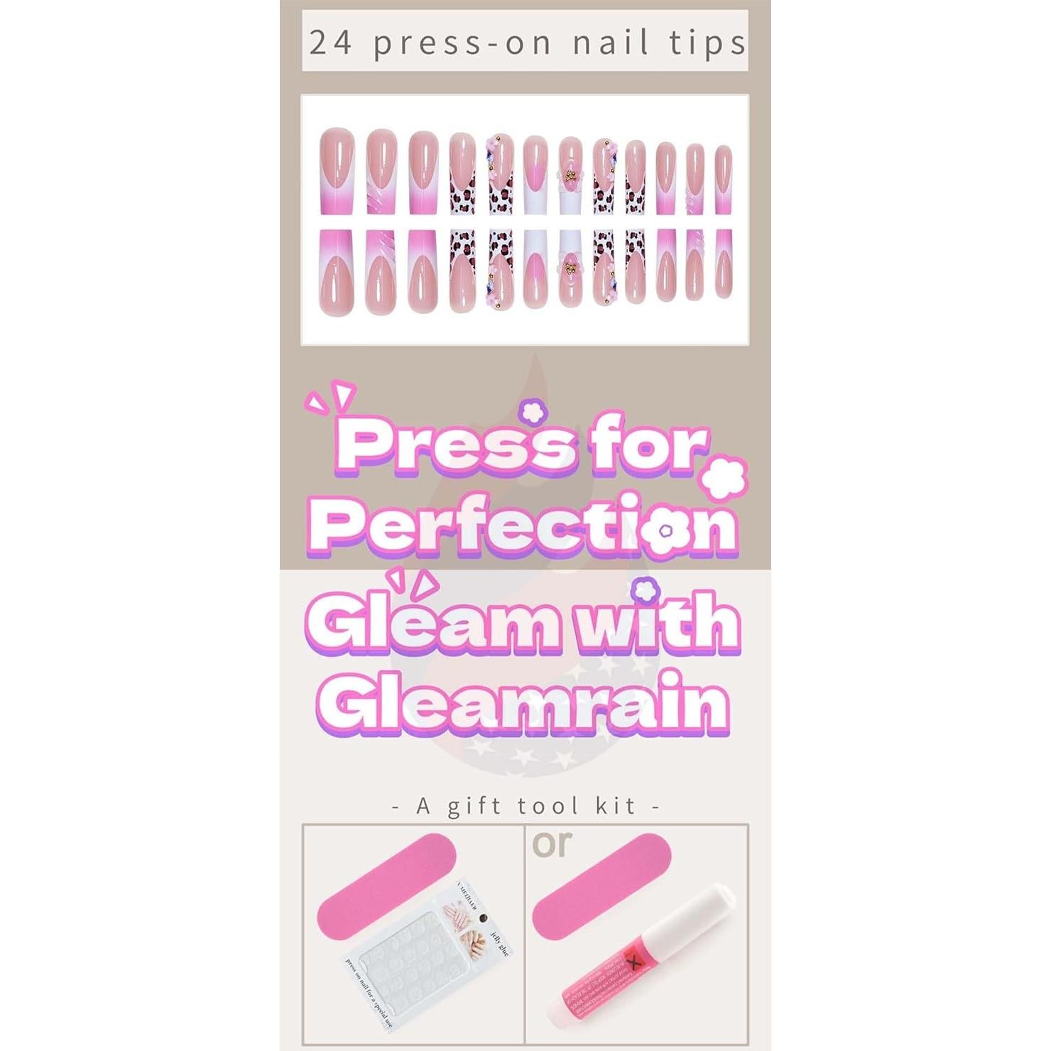 Uñas Postizas Cuadradas Largas Gleamrain con Punta Francesa