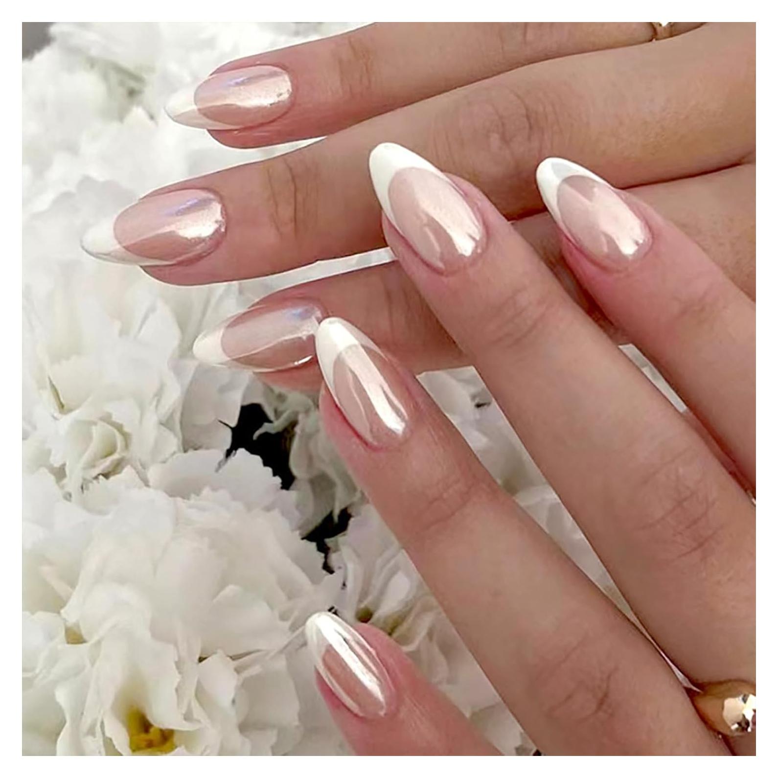 Chrome Press on Nails Short Almond Fake Nails White French Tip Nails Press ons Glossy Glue on Nails French Acrylic Nails Nude False Nails Artificial Stick on Nails for Women 30 Pcs
