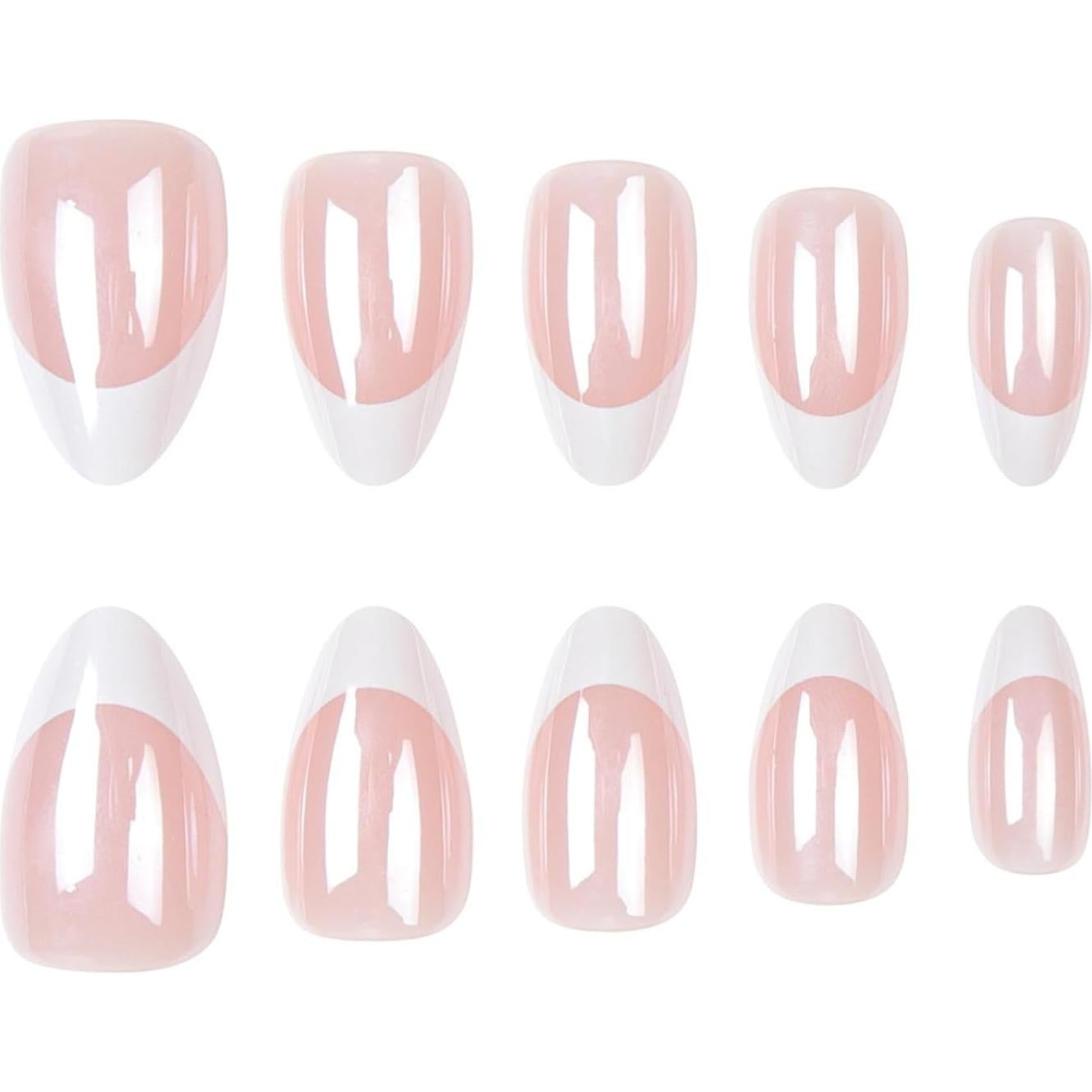 Chrome Press on Nails Short Almond Fake Nails White French Tip Nails Press ons Glossy Glue on Nails French Acrylic Nails Nude False Nails Artificial Stick on Nails for Women 30 Pcs