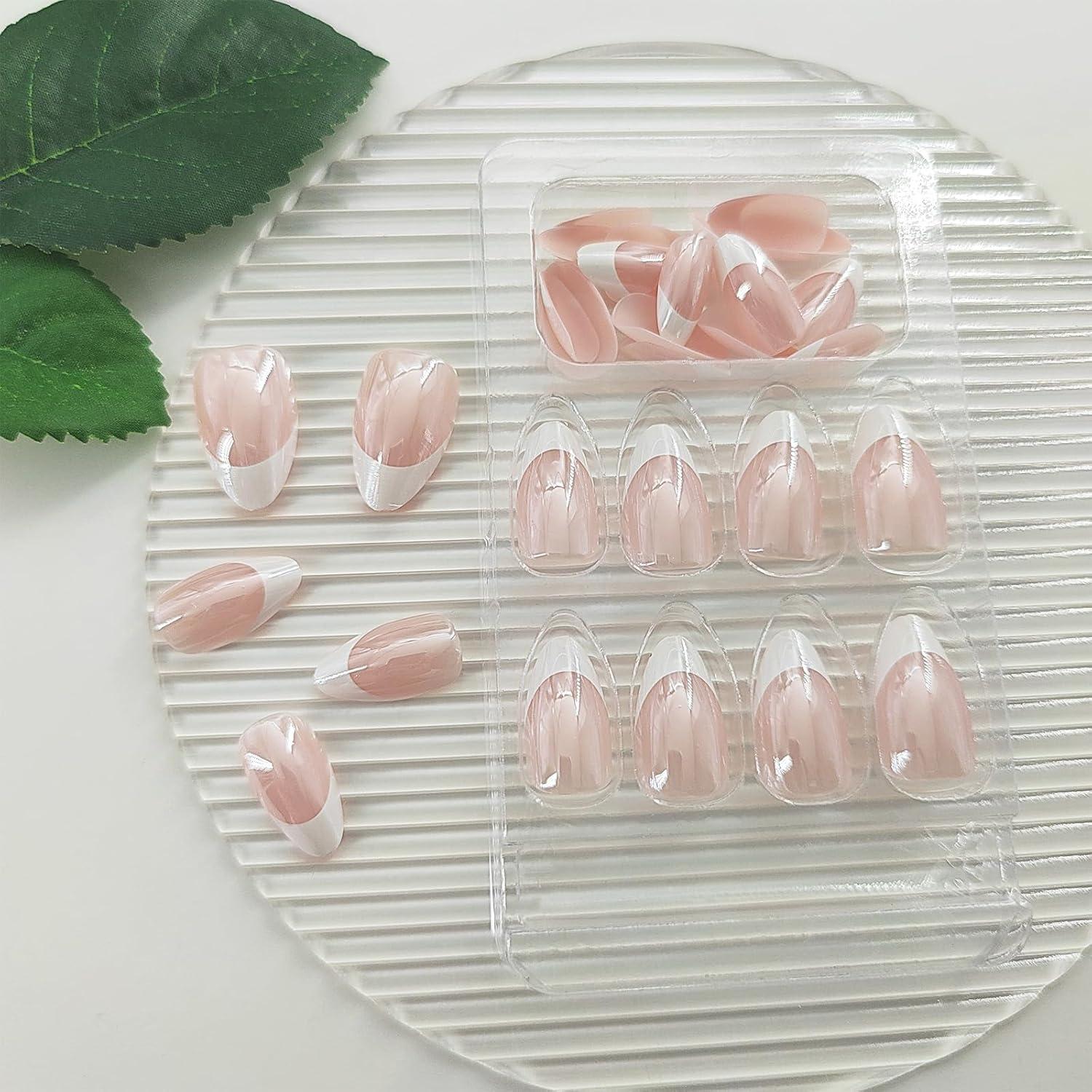 Chrome Press on Nails Short Almond Fake Nails White French Tip Nails Press ons Glossy Glue on Nails French Acrylic Nails Nude False Nails Artificial Stick on Nails for Women 30 Pcs