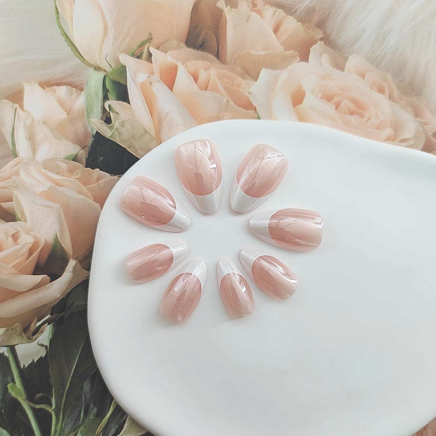 Chrome Press on Nails Short Almond Fake Nails White French Tip Nails Press ons Glossy Glue on Nails French Acrylic Nails Nude False Nails Artificial Stick on Nails for Women 30 Pcs