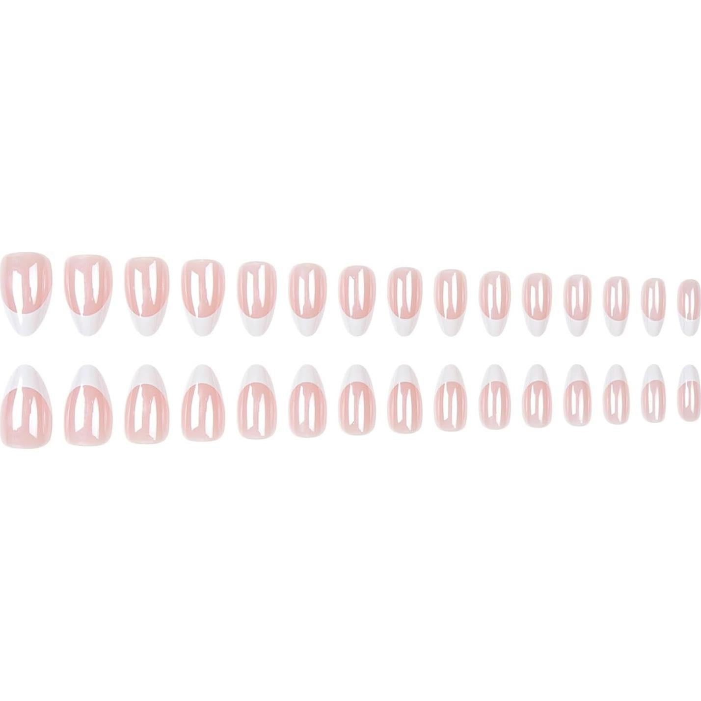 Chrome Press on Nails Short Almond Fake Nails White French Tip Nails Press ons Glossy Glue on Nails French Acrylic Nails Nude False Nails Artificial Stick on Nails for Women 30 Pcs