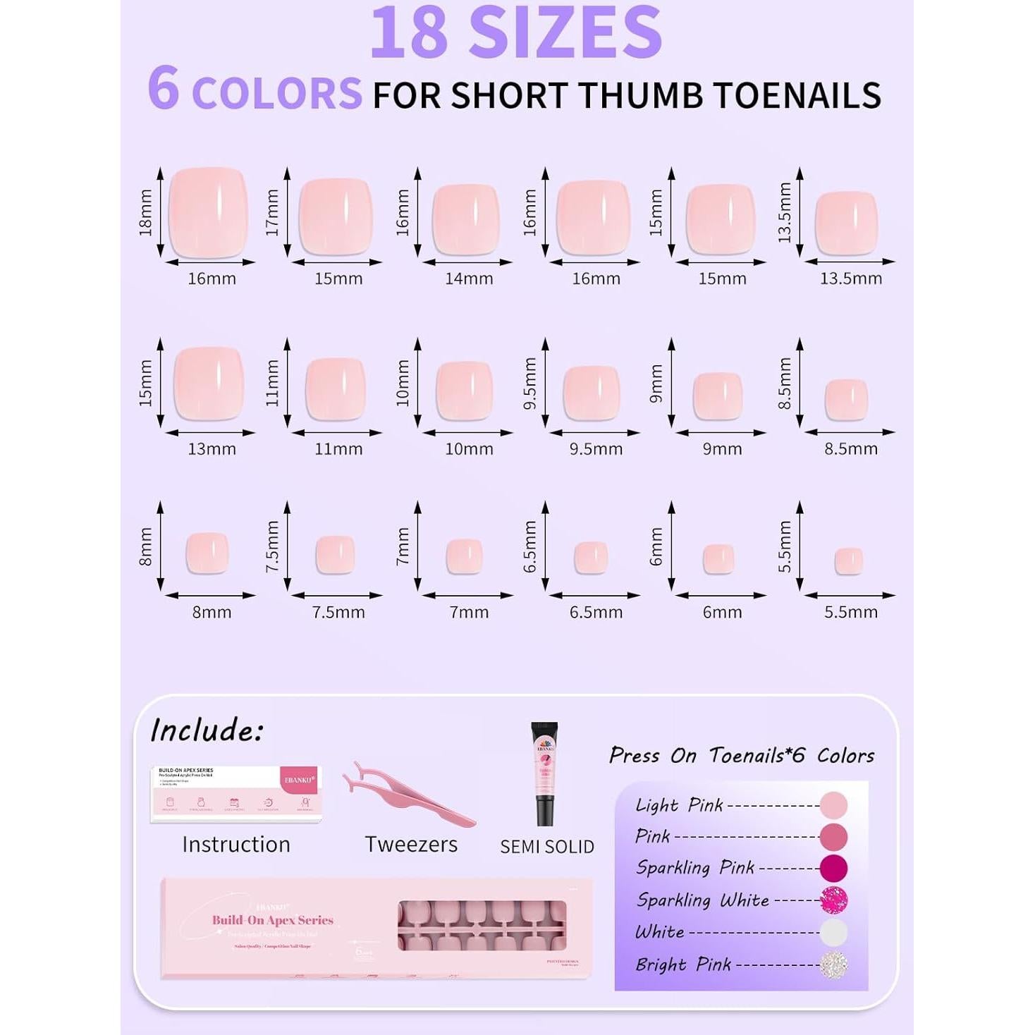 Uñas Postizas para Dedos de los Pies EBANKU 216 Piezas 18 Tamaños